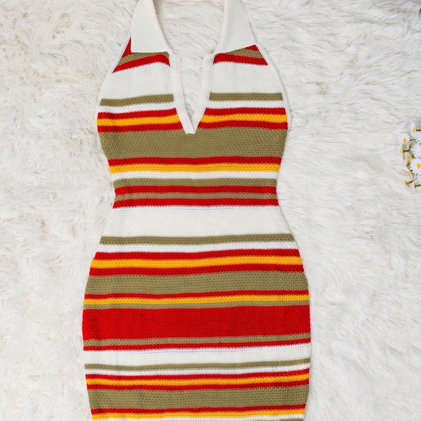 Women's Striped Halter Neck Knit Mini Dress Multicolor Bodycon Suncare