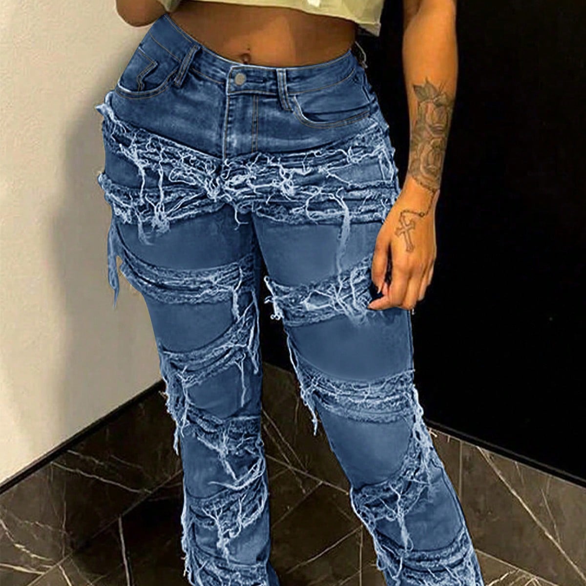 Women's Mid Blue Heavily Distressed Raw Hem Straight-Leg Jeans