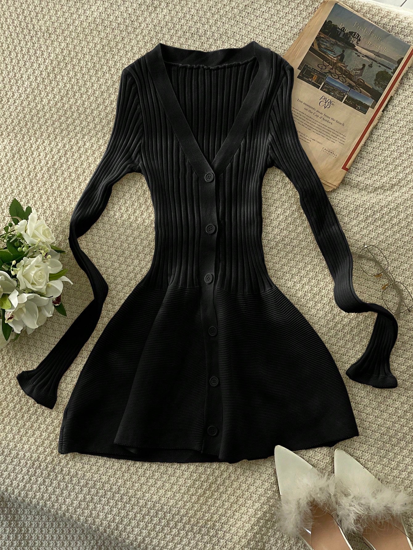 Women's Black Ribbed Knit Henley Top with Button Placket