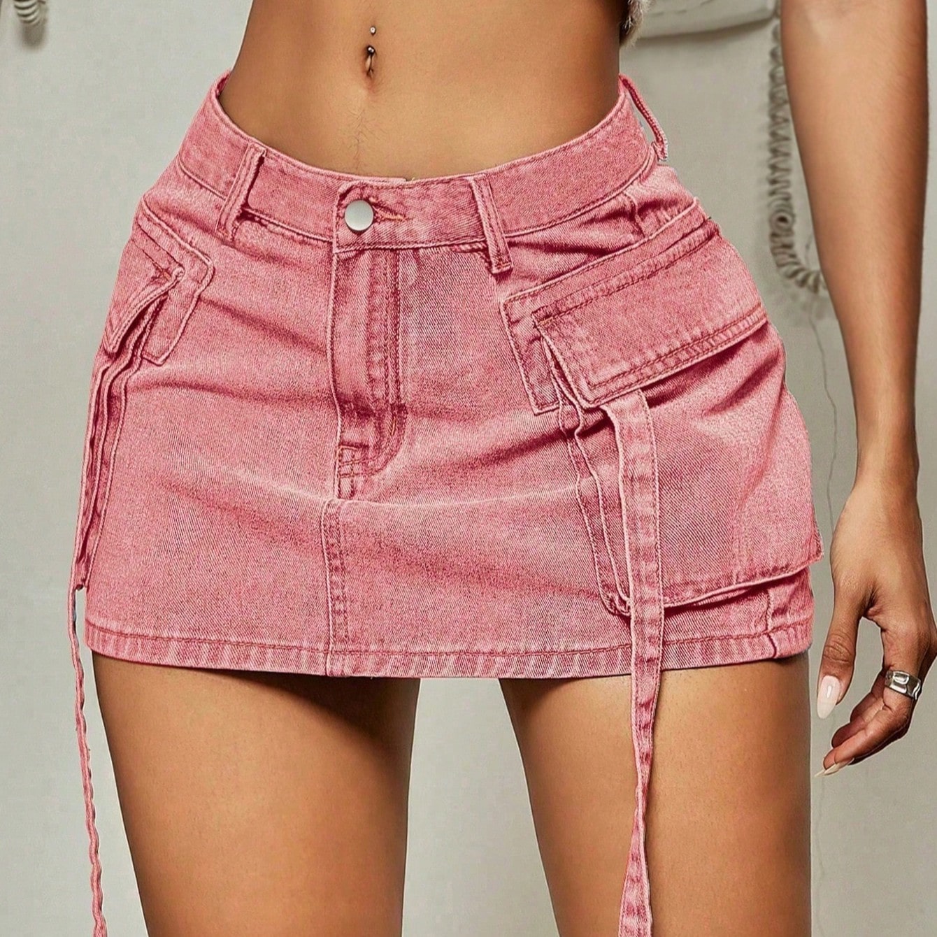 Women's Vintage Multi-Color Denim Cargo Mini Skirt - High-Waisted Wrap Skirt with Side Ties, Casual Summer Streetwear