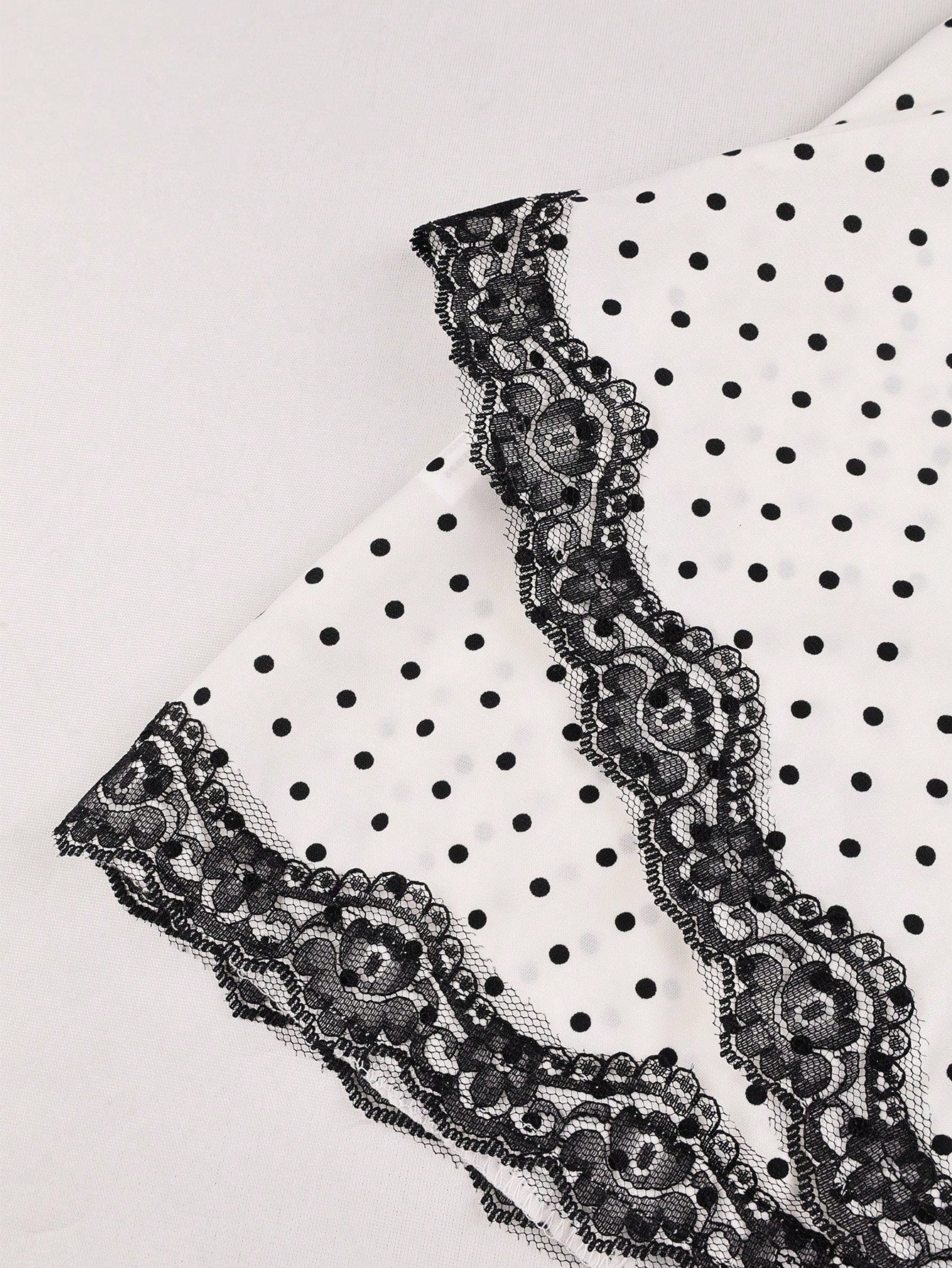 Women's White Polka Dot Halter Neck Mini Dress with Black Lace Trim