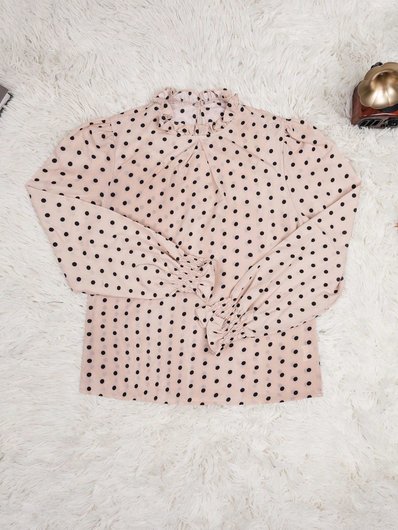Women's Women Elegant Apricot Polka Dot Blouse High Neck Long Puff Sleeve Top
