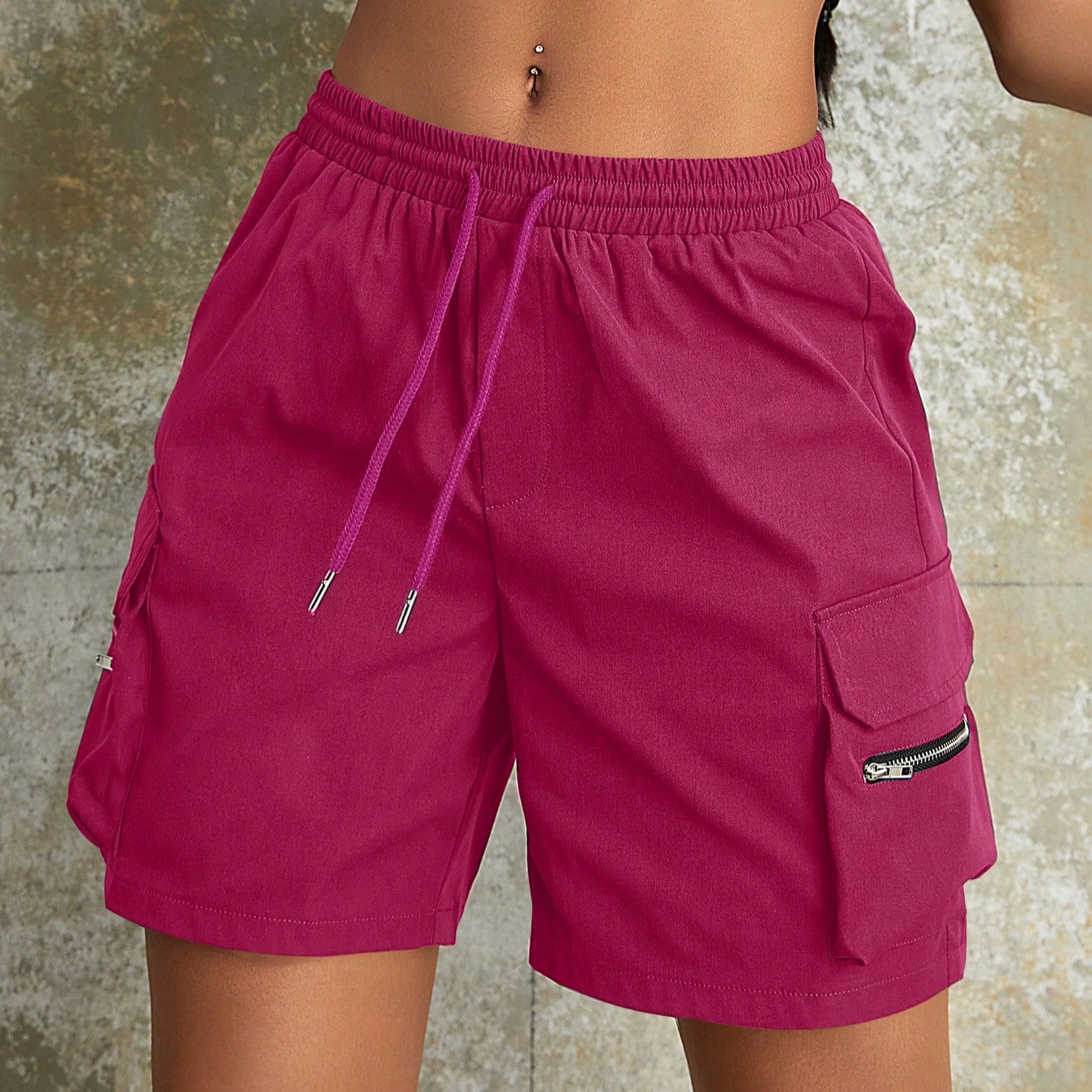 Women's Rose Red Elastic Waist Cargo Shorts with Zip Pockets