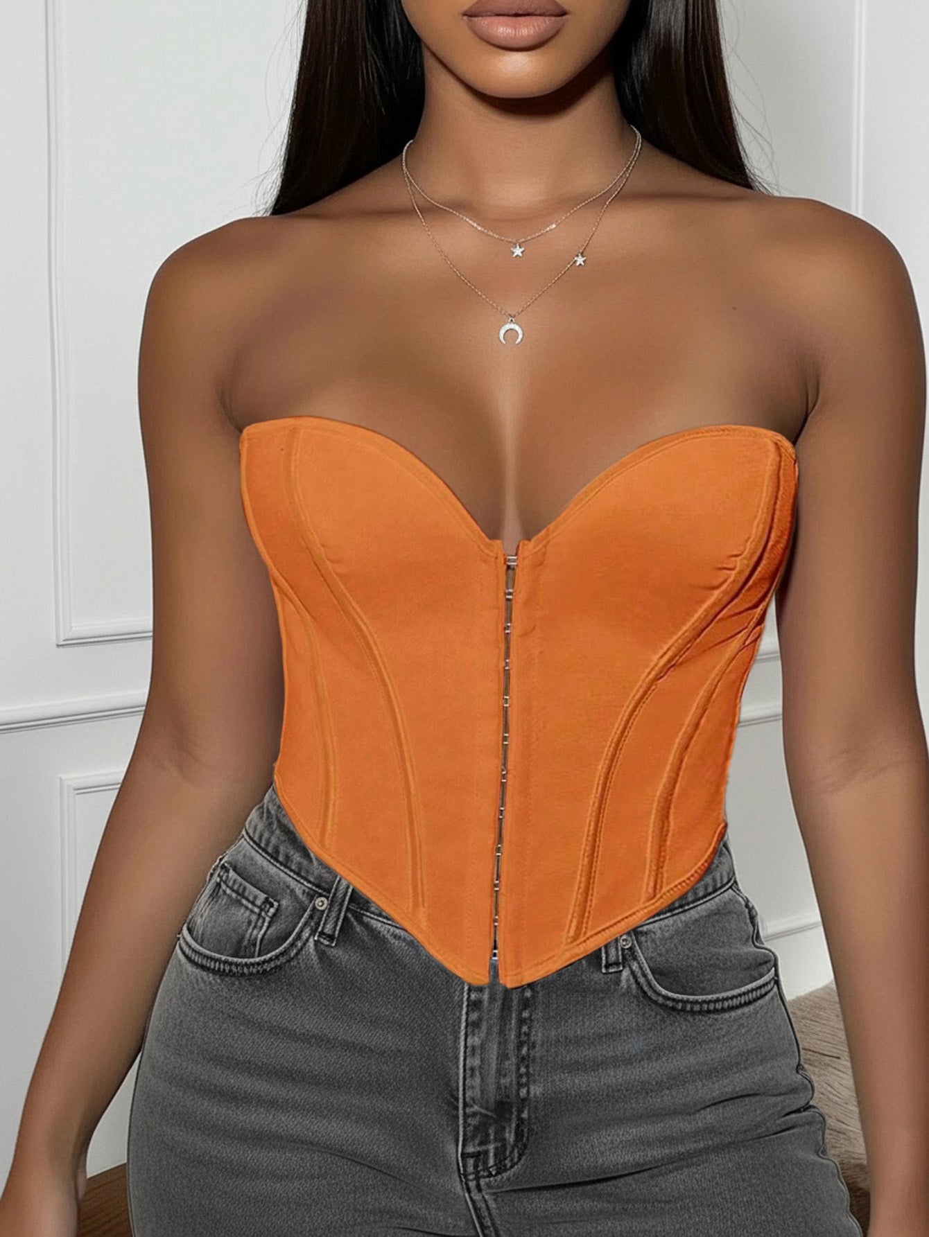 Women's Bright Orange Boned Corset Top with Hook and Eye Closure