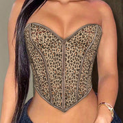 Women's Leopard Print Strapless Bustier Crop Top - Push-Up Corset Style Top, Retro Glam Casual & Streetwear