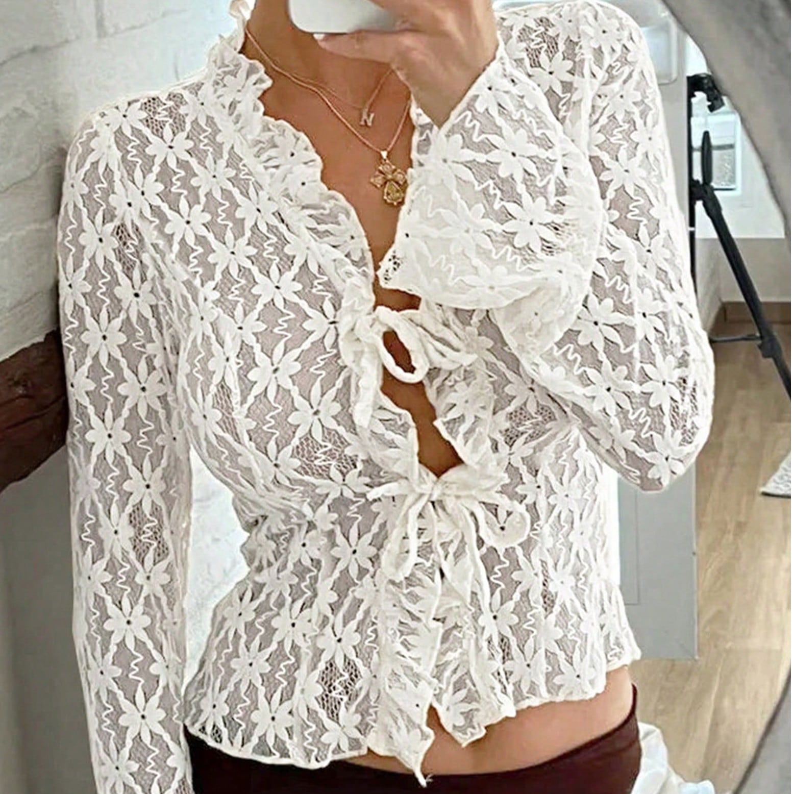 Women's Women Sexy White Lace Tie Front Cardigan Long Sleeve Flare Top