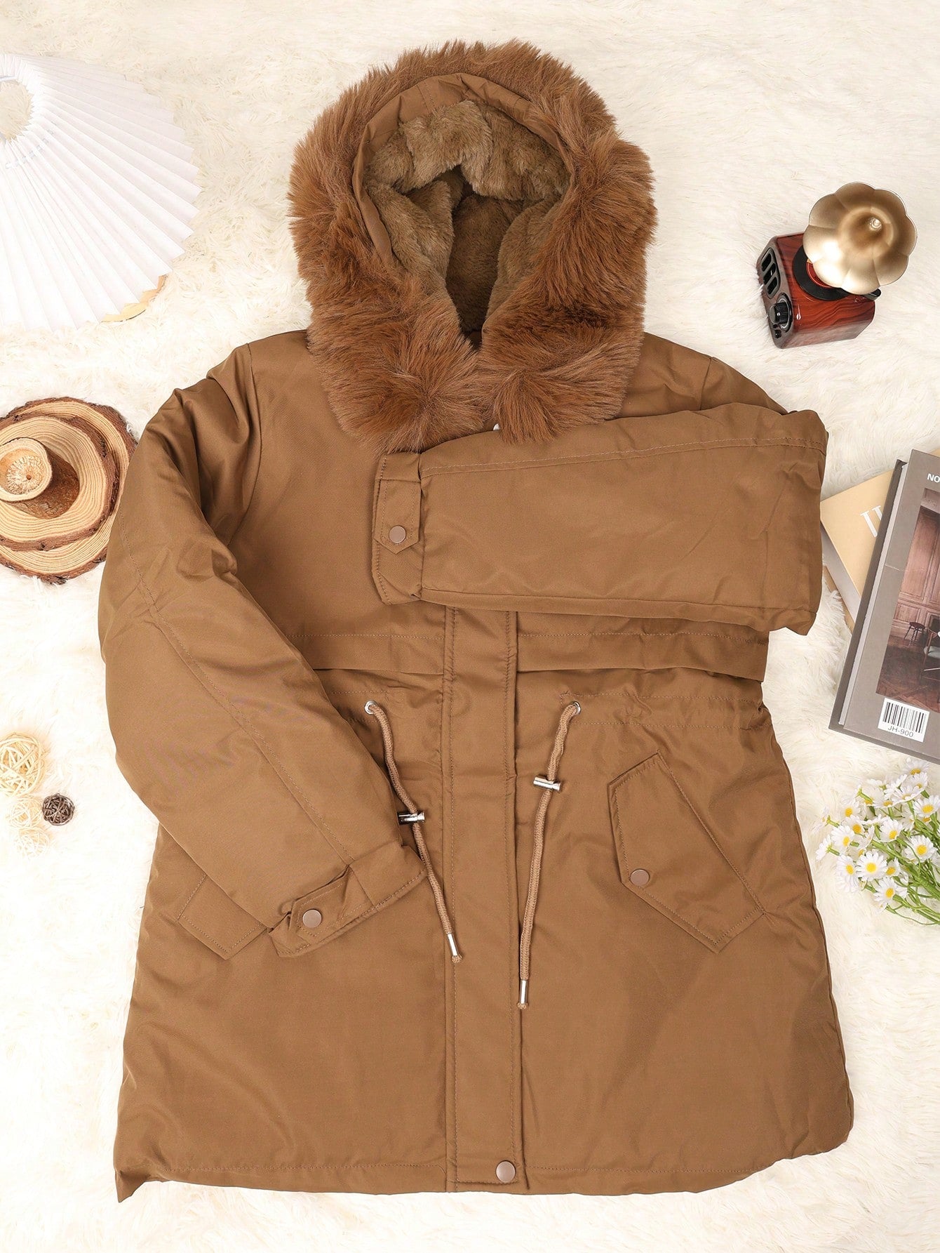 Women's Coffee Brown Faux Fur Hooded Parka Jacket Winter Warm Coat