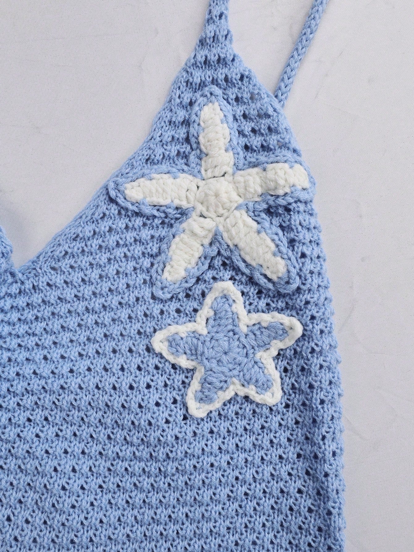 Ocean Blue Crochet Starfish Appliqu¨¦ Halter Open Back Maxi Dress