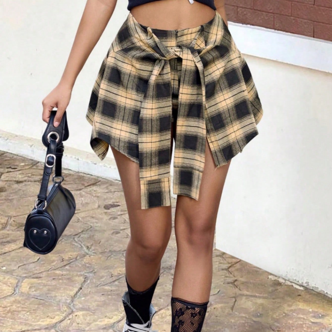 Women's Yellow Plaid Tie-Front Mini Skirt with Flannel Overlay