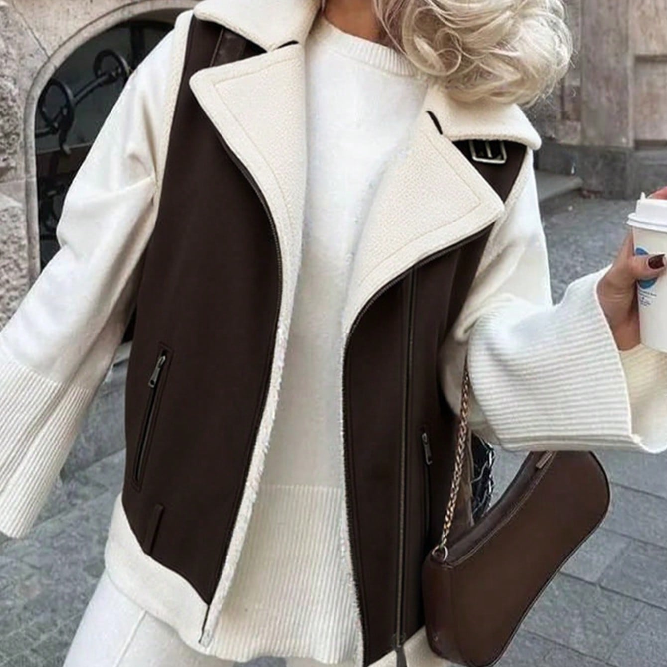 Women's Trendy Two-Tone Brown and White Shearling-Lined Biker Jacket