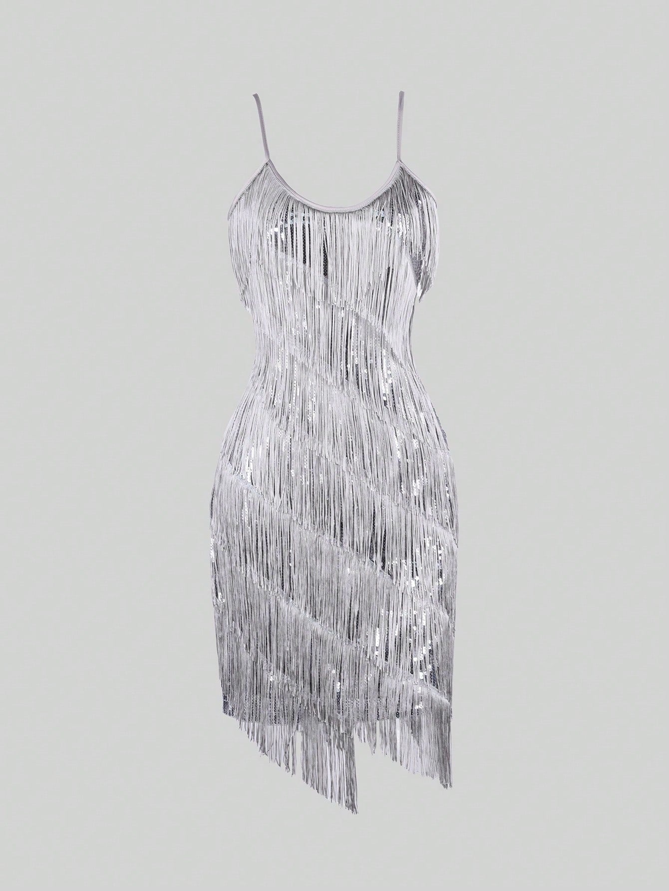 Women's Grey Sequined Layered Fringe Mini Slip Party Dress