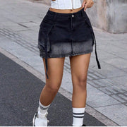 Women's Gradient Denim Cargo Mini Skirt - High-Waisted Wrap Skirt with Side Tie Straps, Y2K Streetwear & Casual Summer Wear