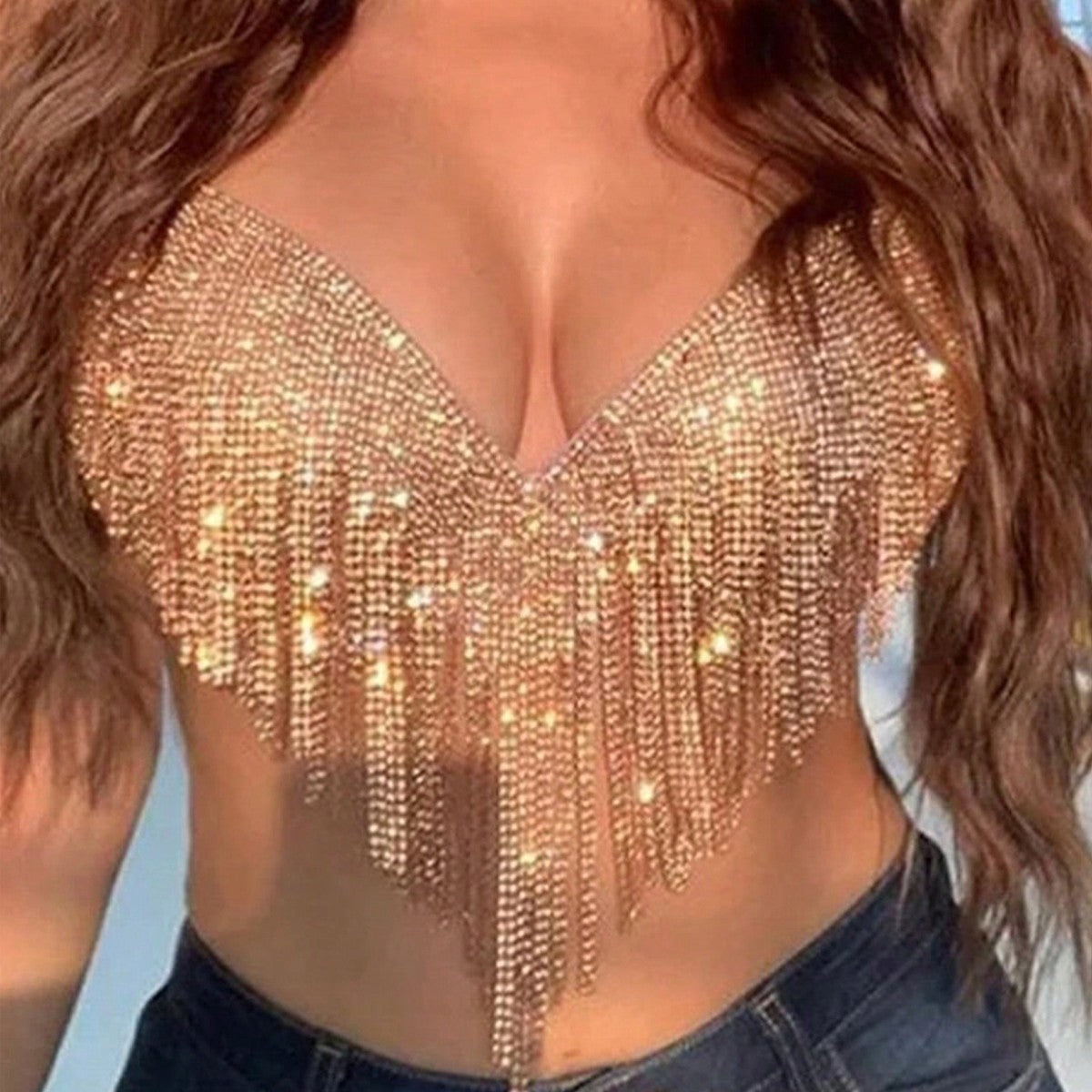 Women's Rhinestone Fringe Tassel Crop Top Gold Glitter Party Wear
