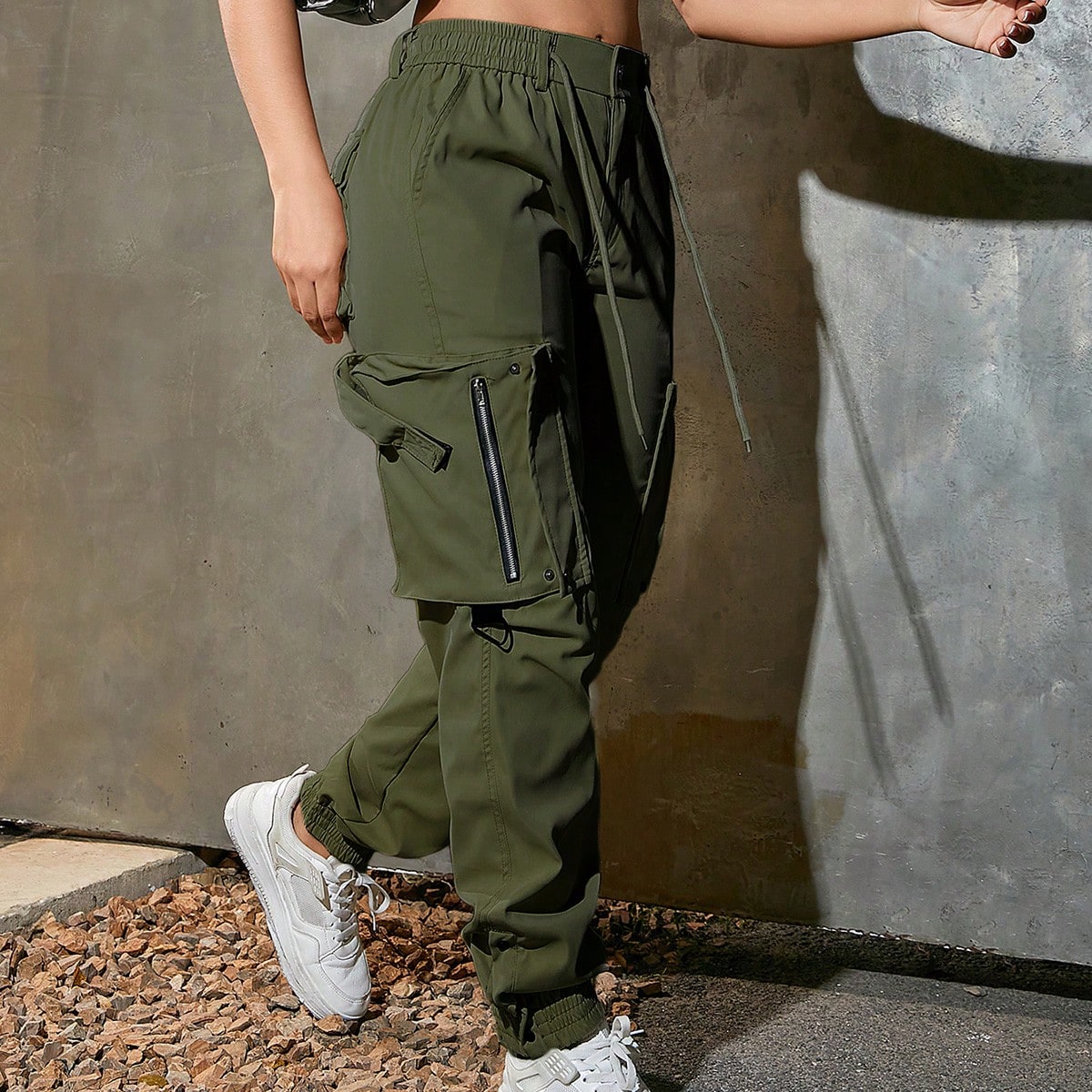 Women's Army Green High Waisted Zipper Detail Cargo Pants Streetwear Trousers