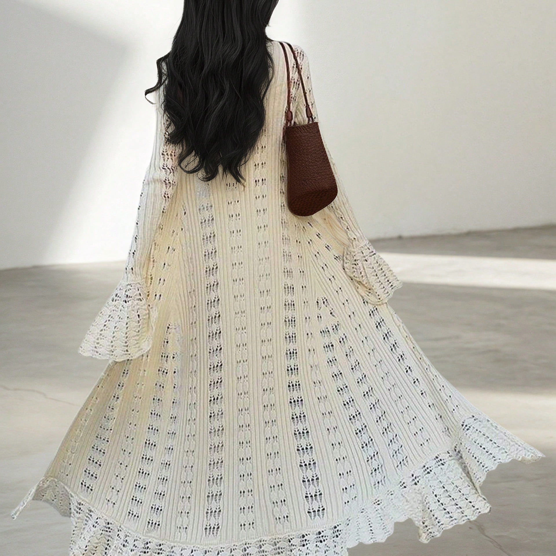 Women's Elegant White Pointelle Knit Maxi Cardigan with Ruffle Hem