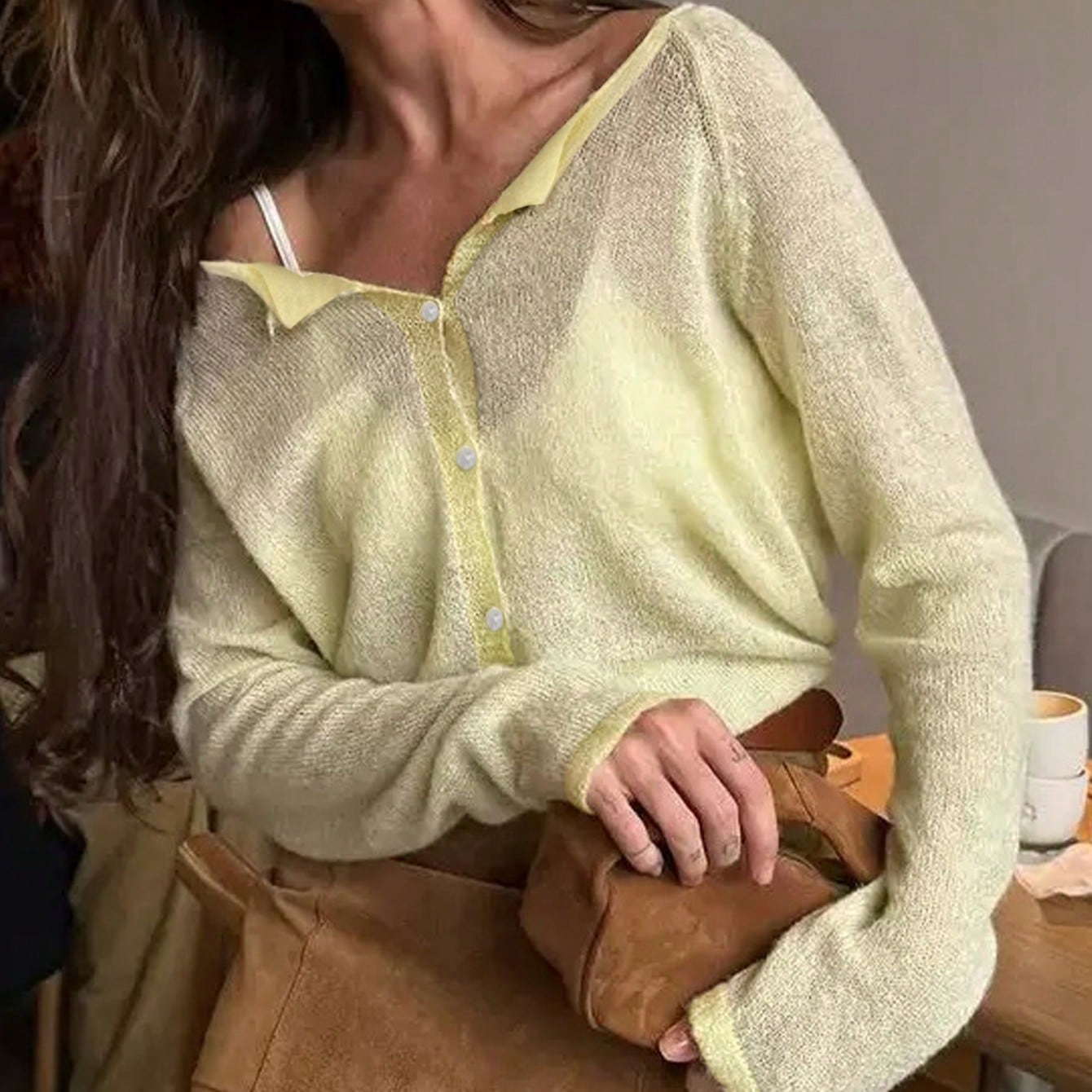 Women's Pale Yellow Sheer Knit Top - V-Neck Button Down Long Sleeve Cover-Up, Casual Wear