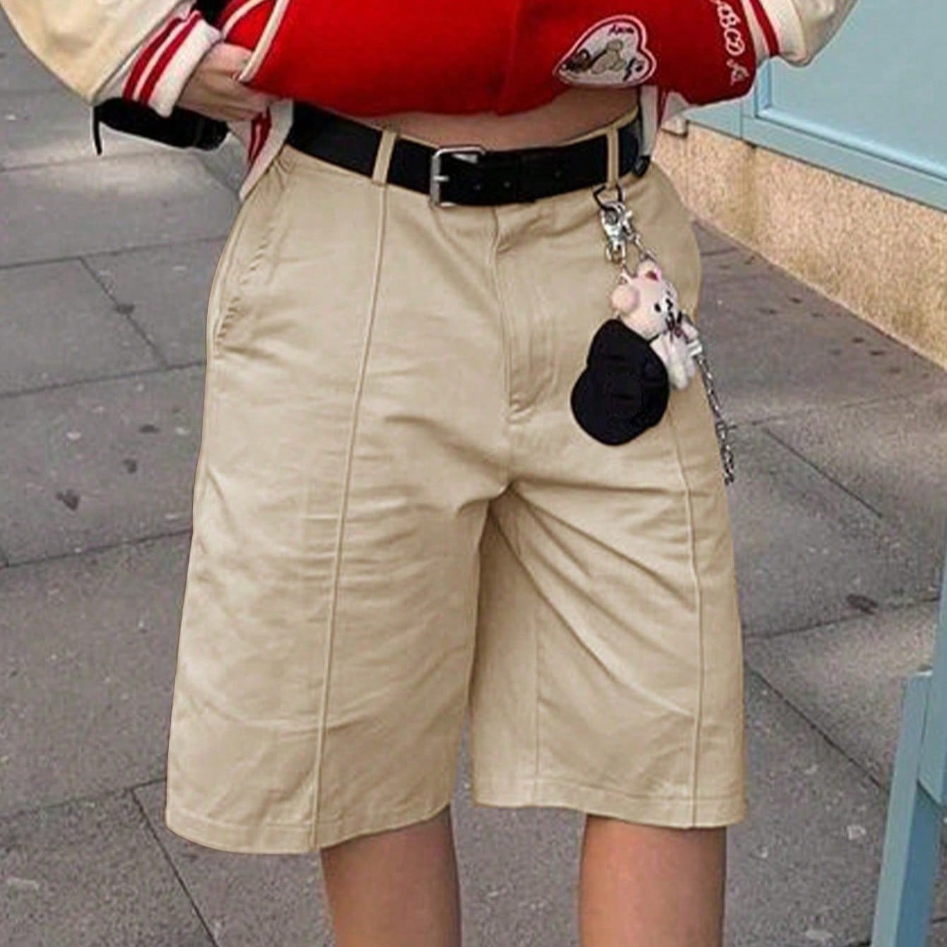 Women'S Beige Casual Bermuda Knee-Length Shorts - Bermuda Shorts, Casual, Wide Leg