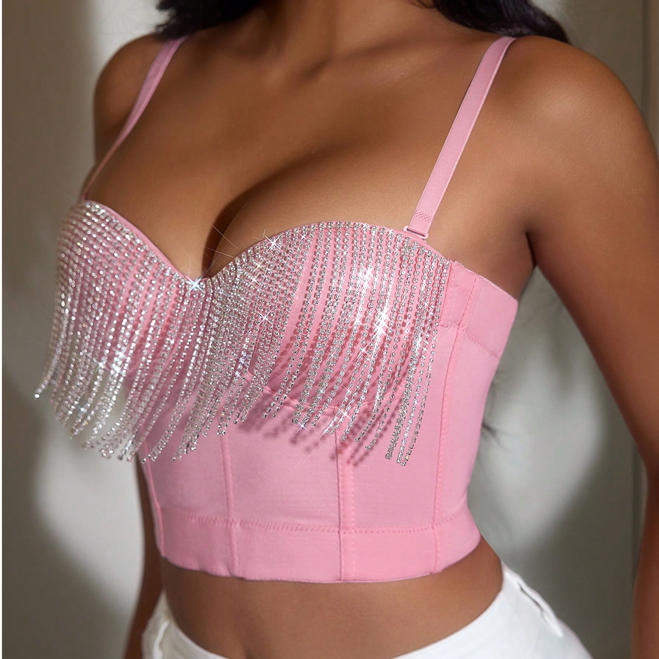 Women's Light Pink Rhinestone Fringe Bustier Corset Top