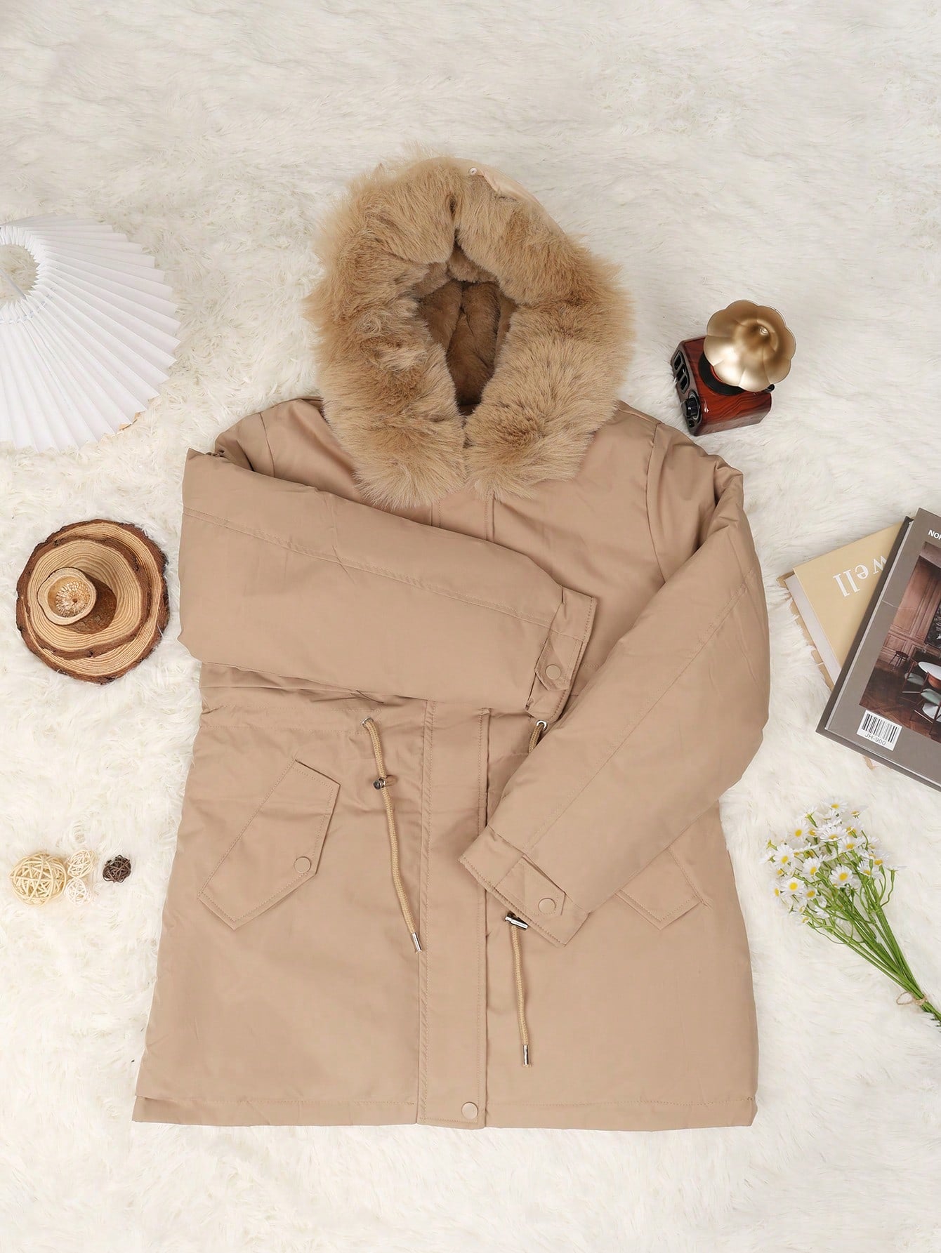 Women's Warm Khaki Fur Hooded Puffer Jacket Winter Parka Coat