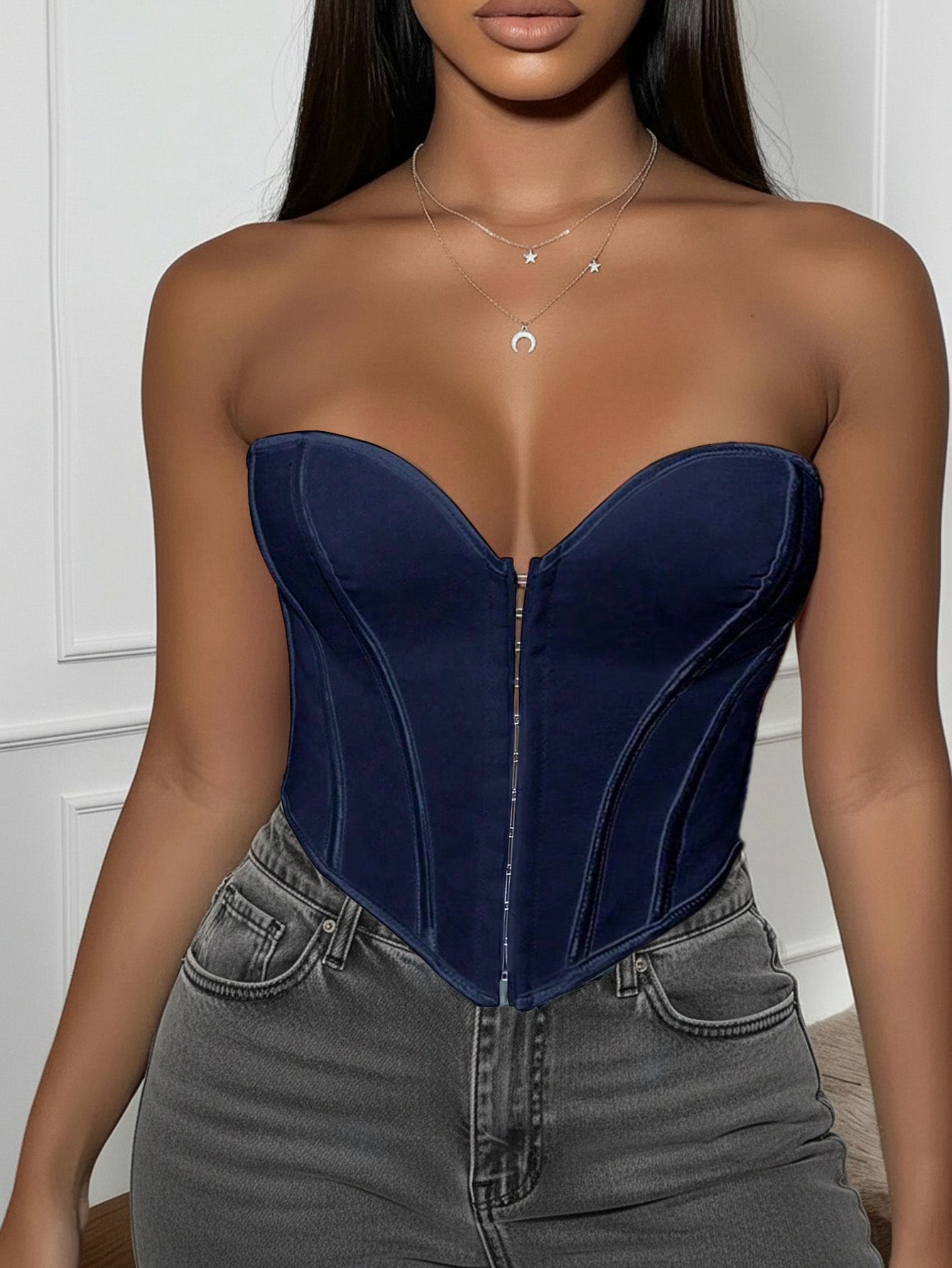 Women's Navy Blue Boned Corset Top with Hook and Eye Closure