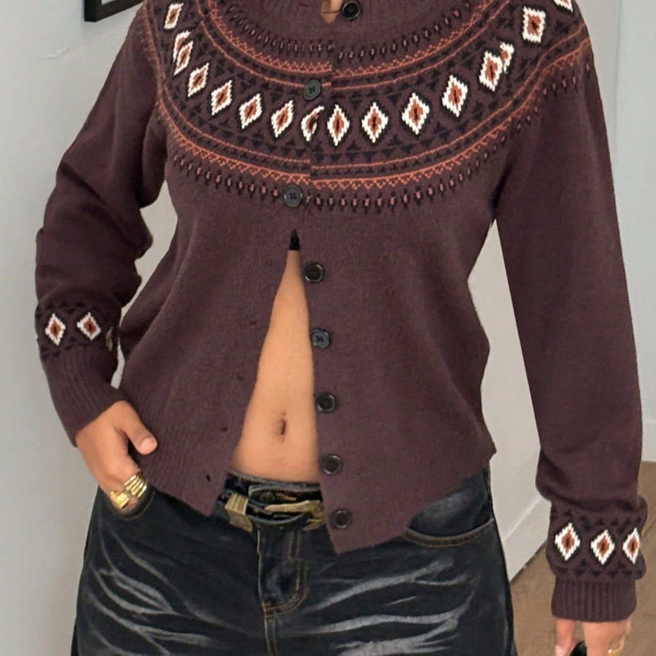 Women's Dark Brown Fair Isle Button-Up Cardigan Sweater