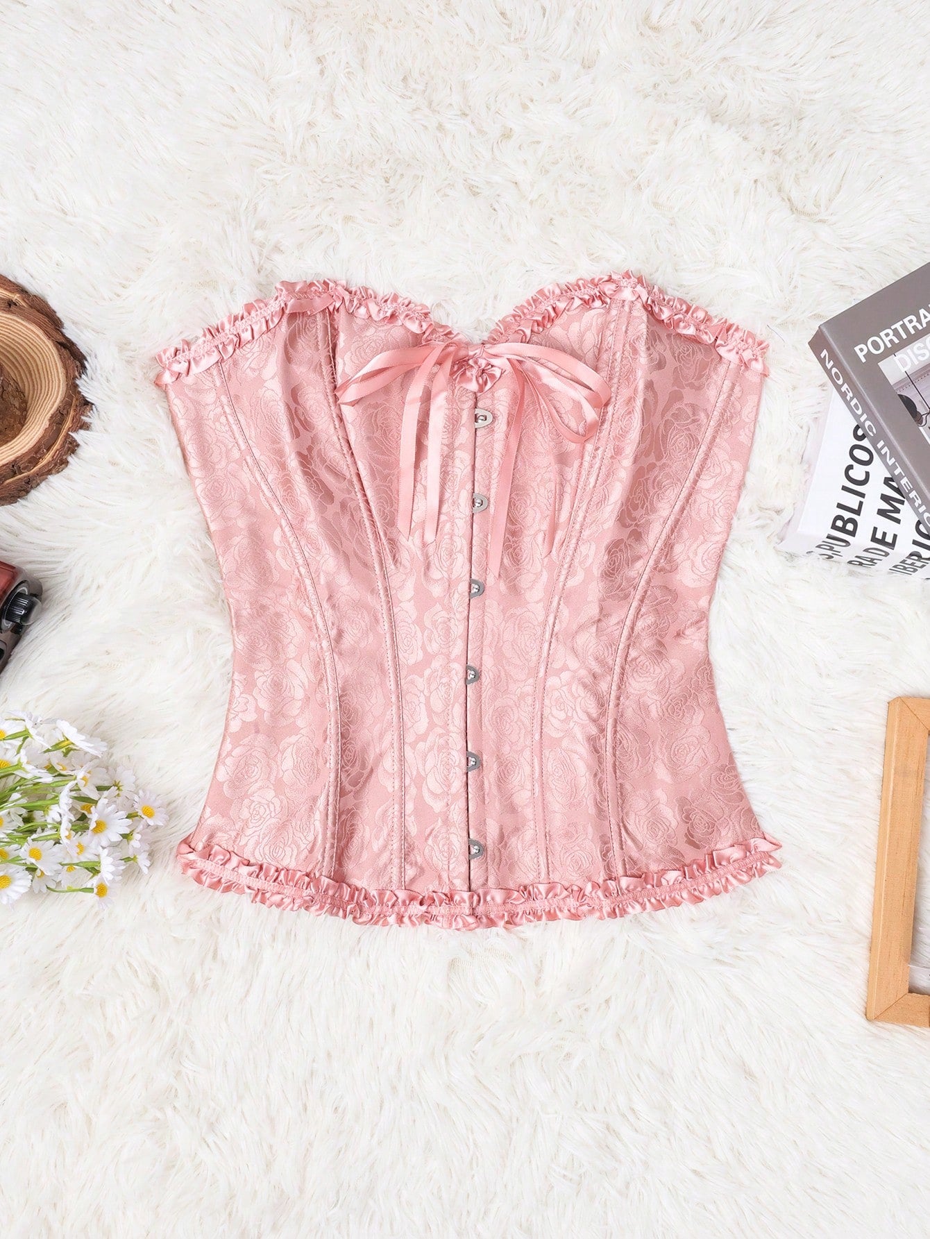 Women's Dusty Rose Strapless Jacquard Corset Bustier with Bow Detail