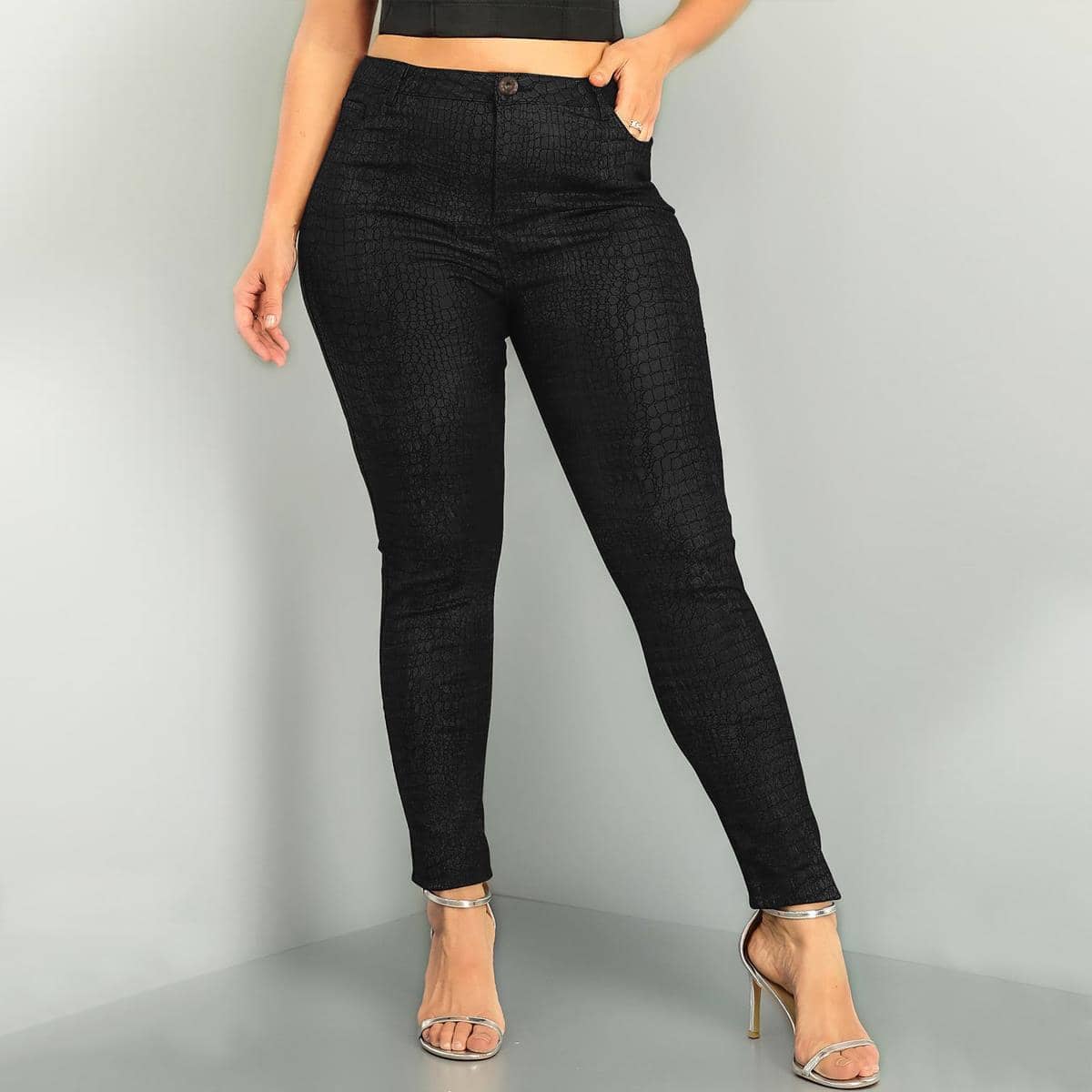 Women's Plus Size Women's Black Textured Snake Skin Print Skinny PU Leather Pants