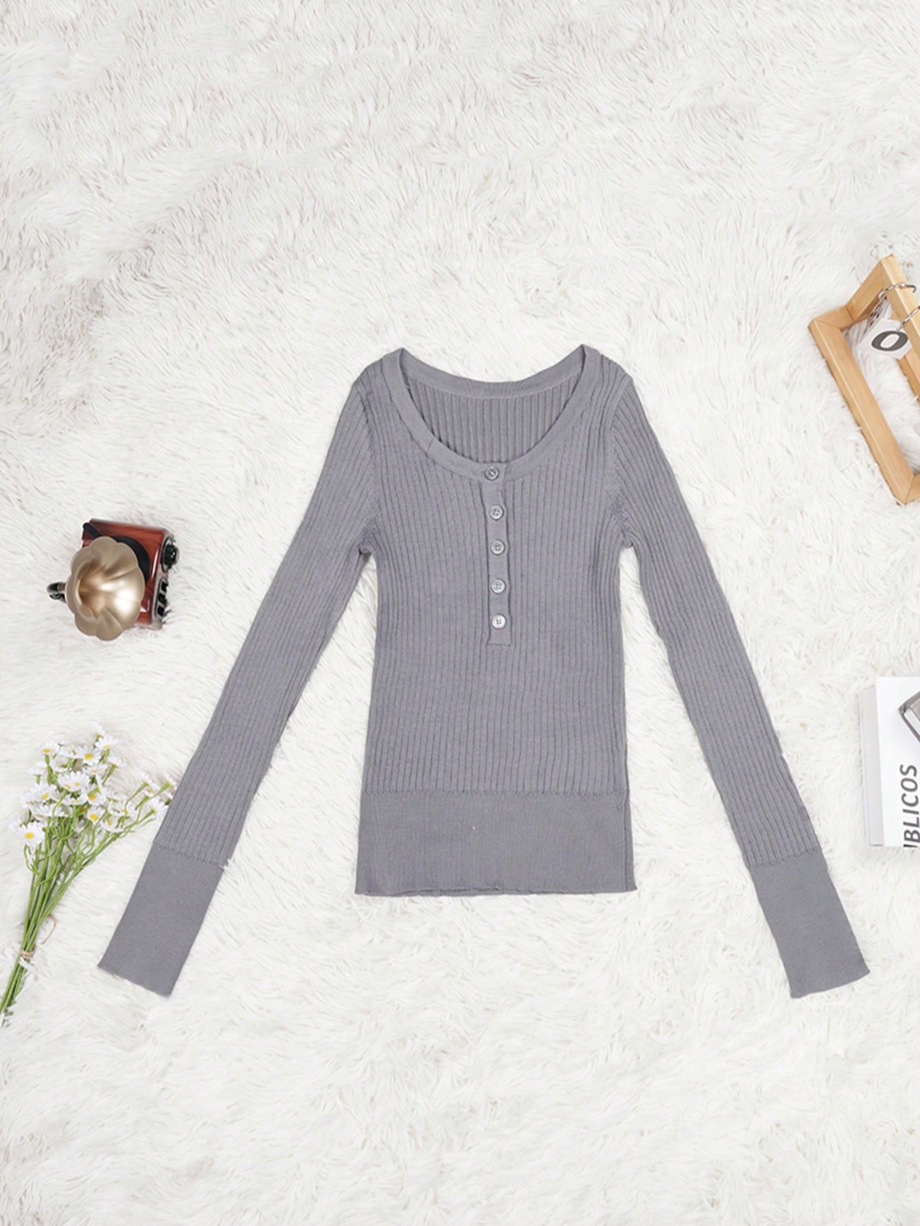 Women's Gray Ribbed Knit Henley Top with Button Placket