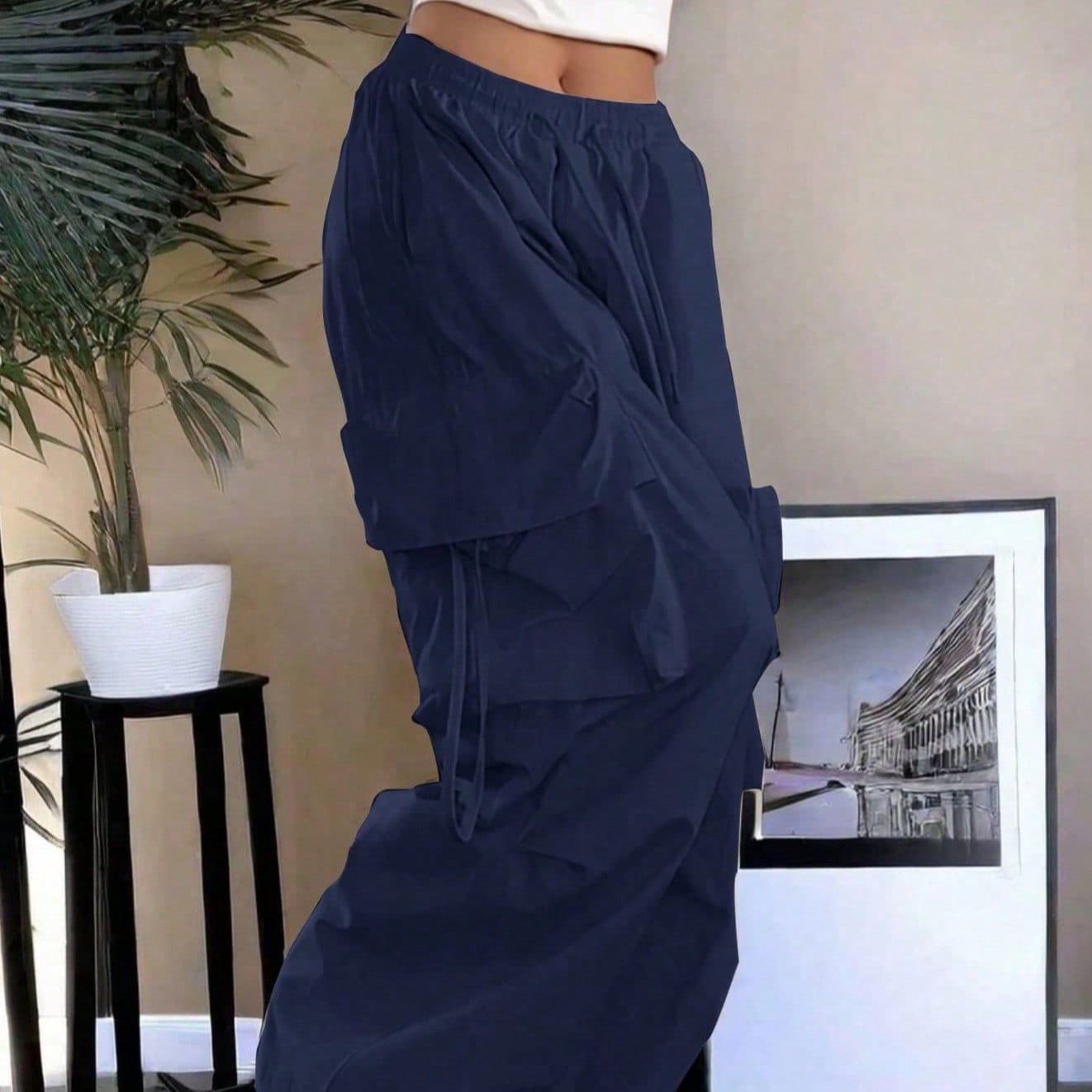 Women's Navy Blue Cotton Full-length cargo pants with cargo pockets