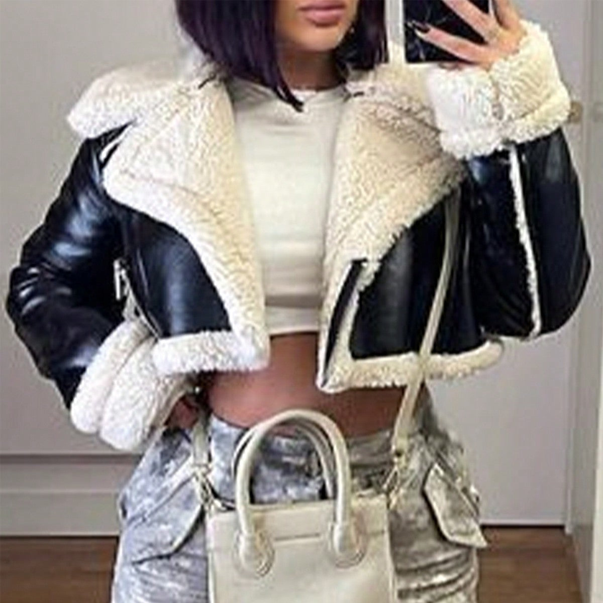 Women's Black Faux Leather Coat with Shearling Collar, Trendy Cropped Puffer Coat for Winter