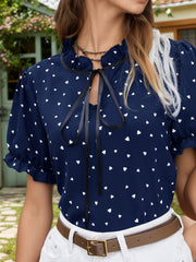 Women's Dark Blue Puff Sleeve Tie Neck Blouse