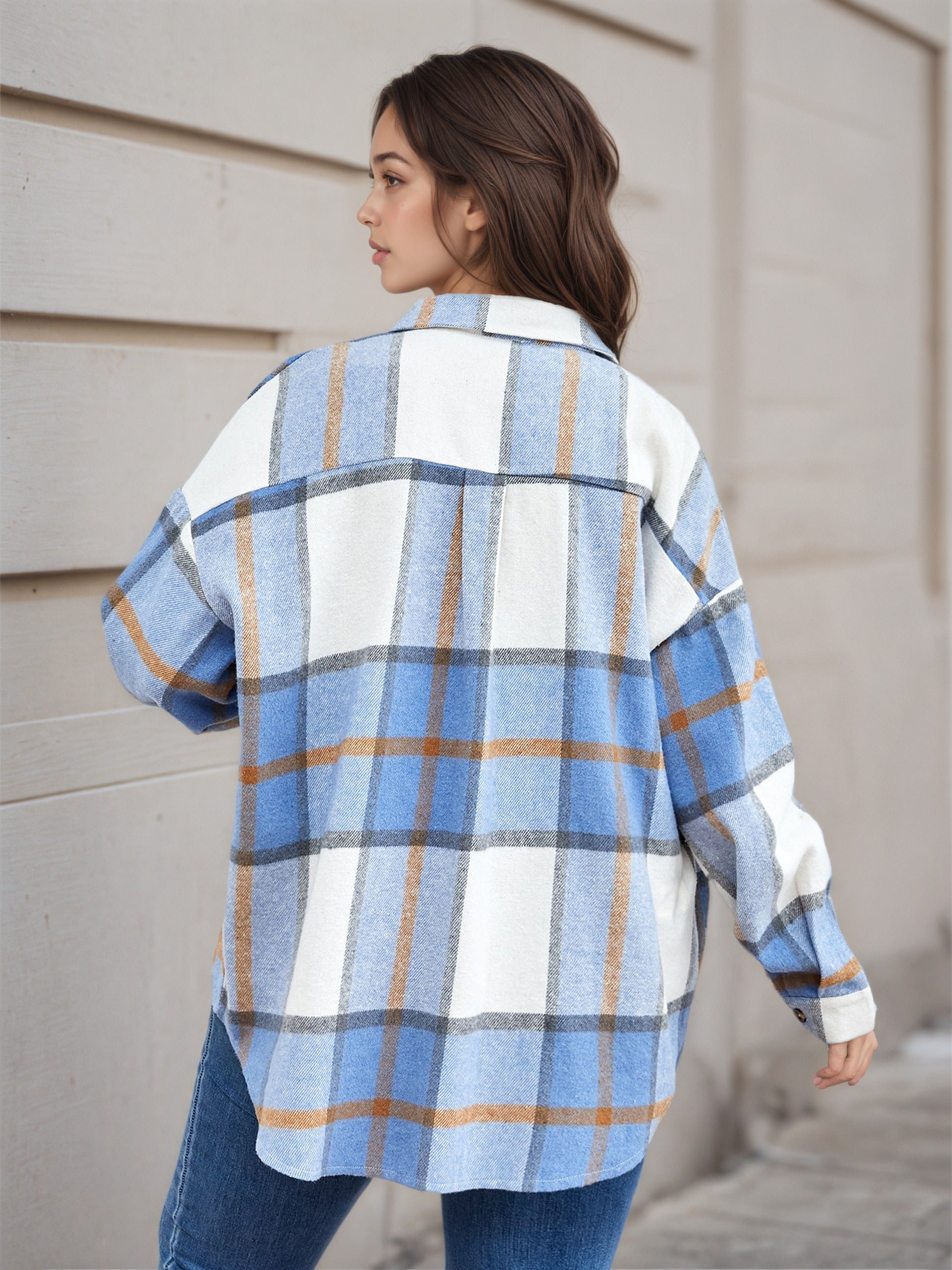 Women's Plaid Drop Shoulder Long Sleeve Stand Collar Shirt