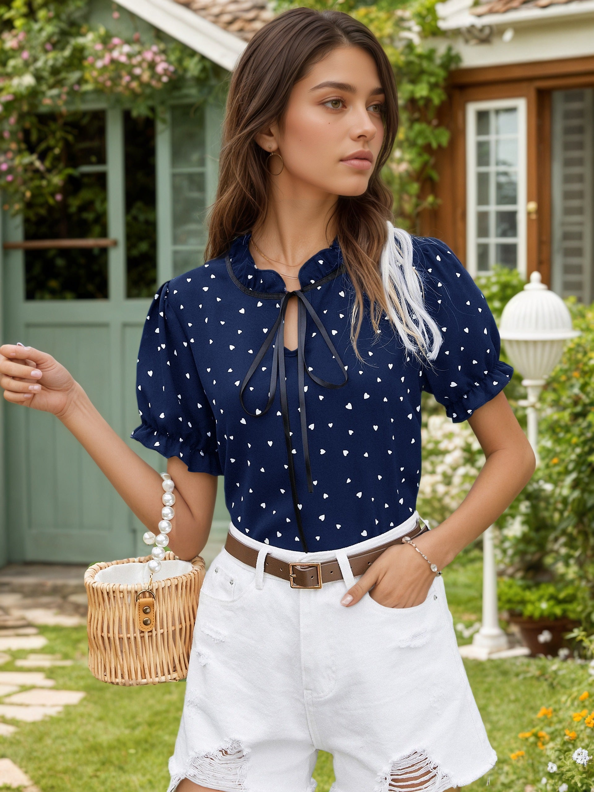 Women's Dark Blue Puff Sleeve Tie Neck Blouse