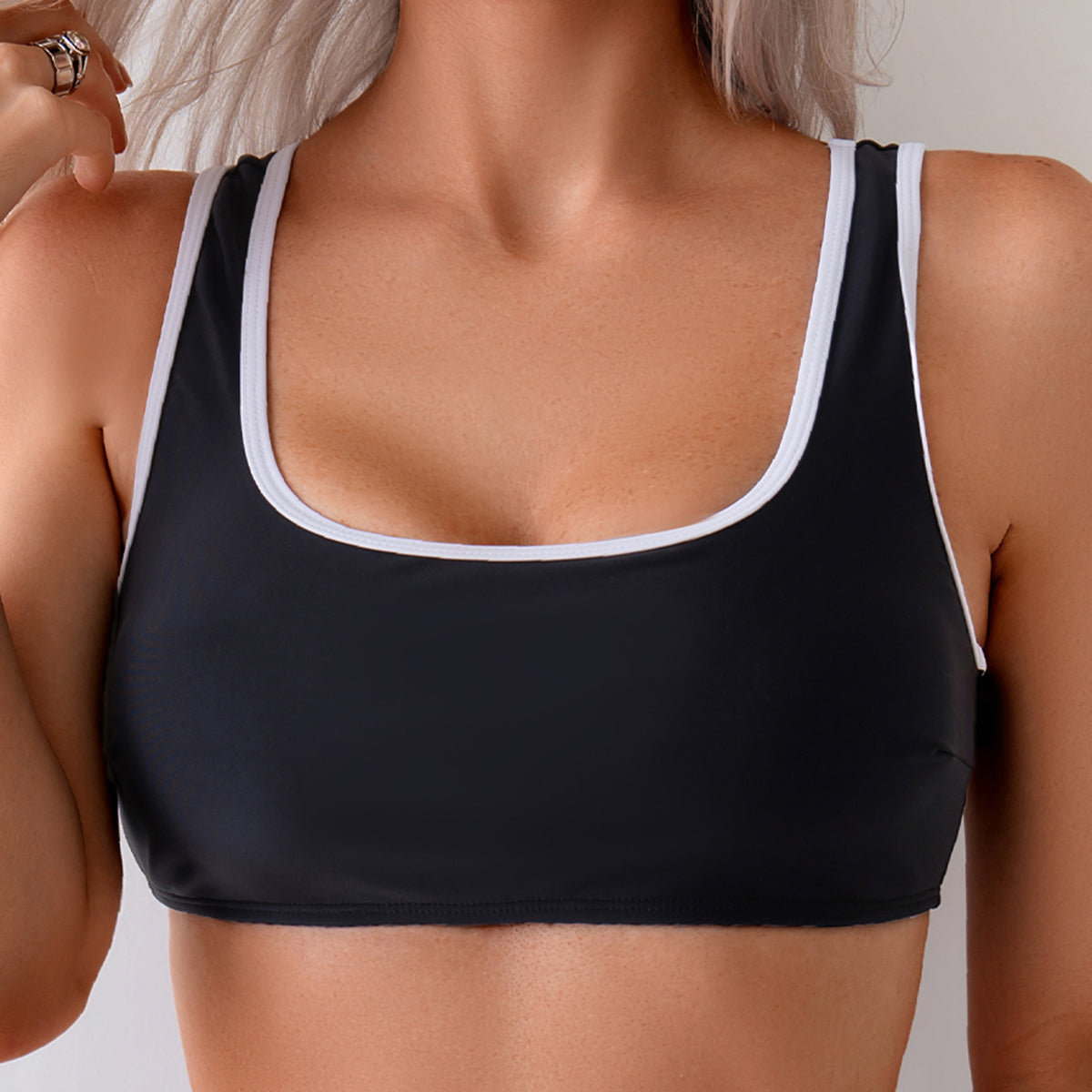 Black & White Trim Square Neck High-Waisted Bikini Set for Women, Wearable-as-Top Minimalist Retro Slimming Swimwear