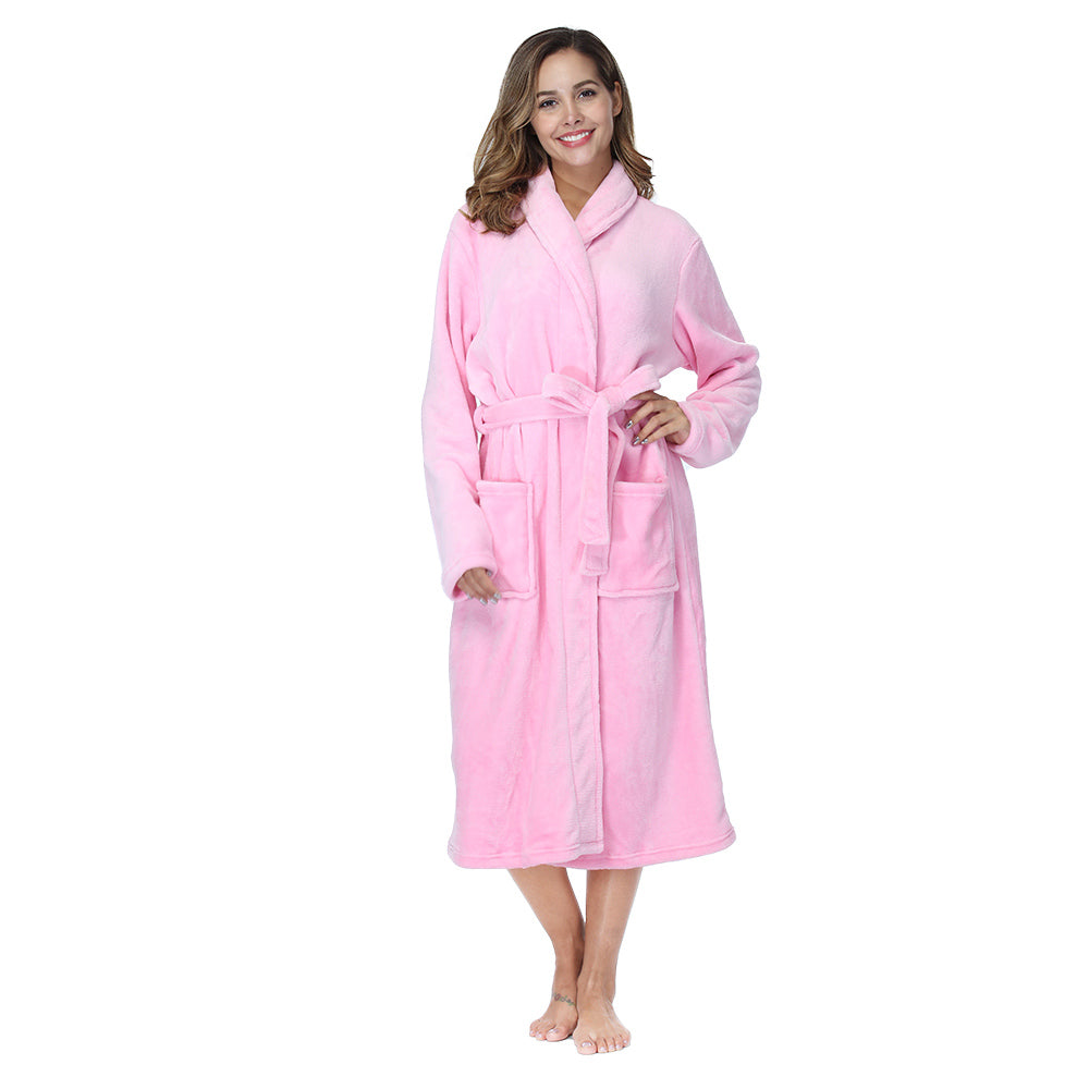 Women's Solid Color Faux Wool Plush Warm Long Robe - Cozy Loungewear Sleepwear