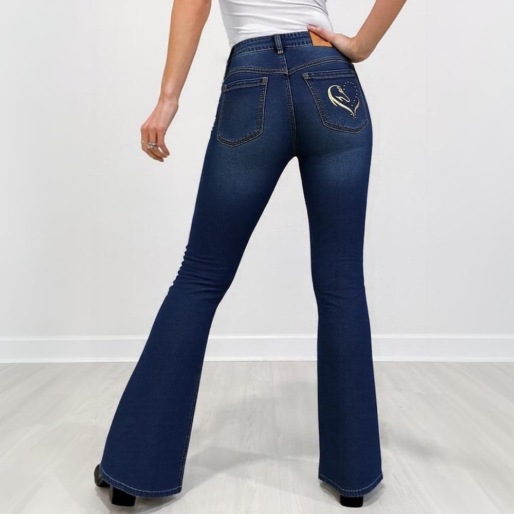 Women's Dark Blue High-Waisted Flare Jeans - Vintage Slim-Fit Retro Bell Bottoms