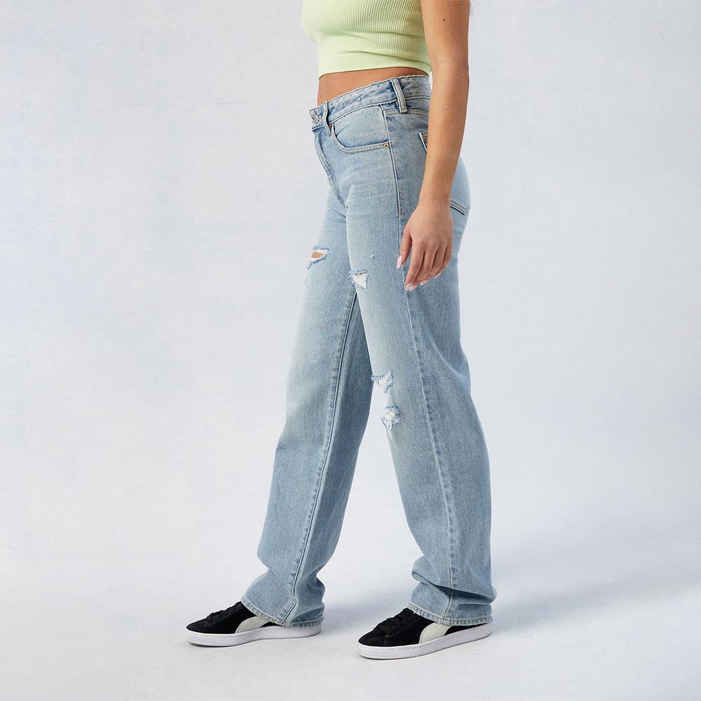 Women's Light Blue Distressed Straight Leg Jeans - Vintage High-Waisted Slim-Fit Casual Wide-Leg Pants