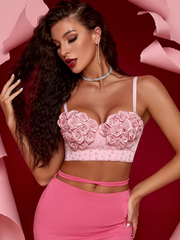 3D Rose Floral Pearl Corset Bustier Crop Top, Spaghetti Strap Party Camisole