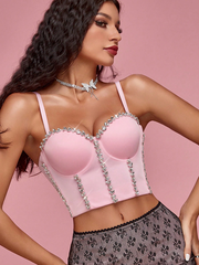 Pink Rhinestone Corset Top Spaghetti Strap Bustier Crop Top For Party Nightclub Special Occasions
