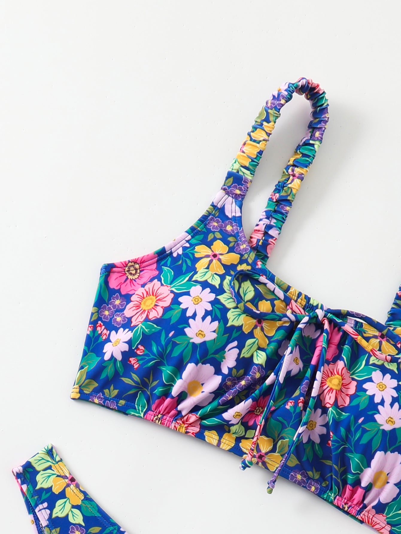 Navy Floral Ruched-Strap Bikini Set for Women, Tie-Waist Triangle Swimwear