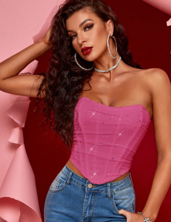 Rose Red Rhinestone Draped Tube Top Drawstring Ruched Cropped Cami Top