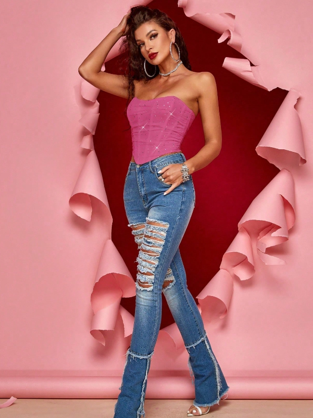 Rose Red Rhinestone Draped Tube Top Drawstring Ruched Cropped Cami Top