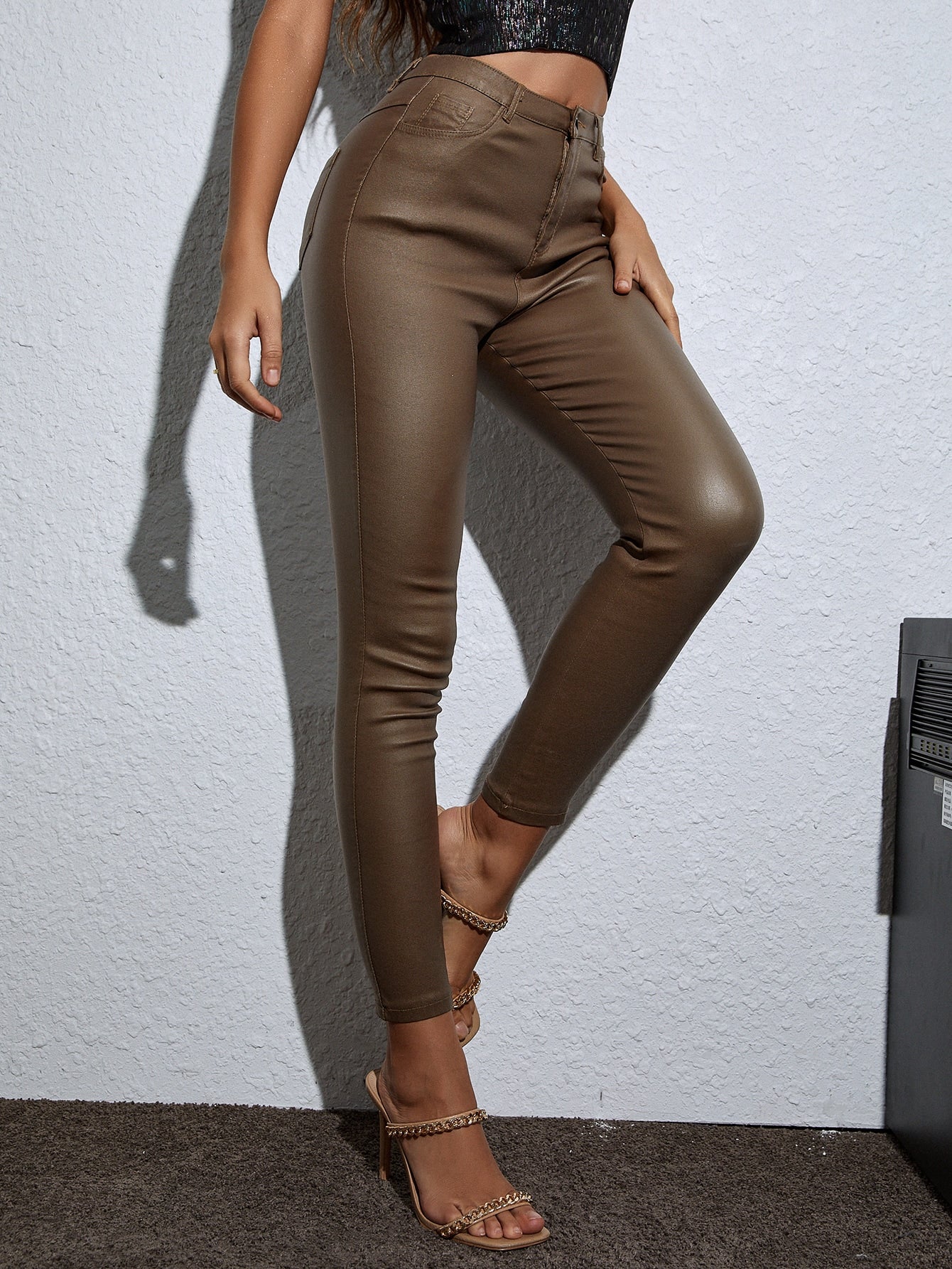 Apperloth A Women Punk High Waist Thermal Lined PU Leather Skinny Cropped Pants