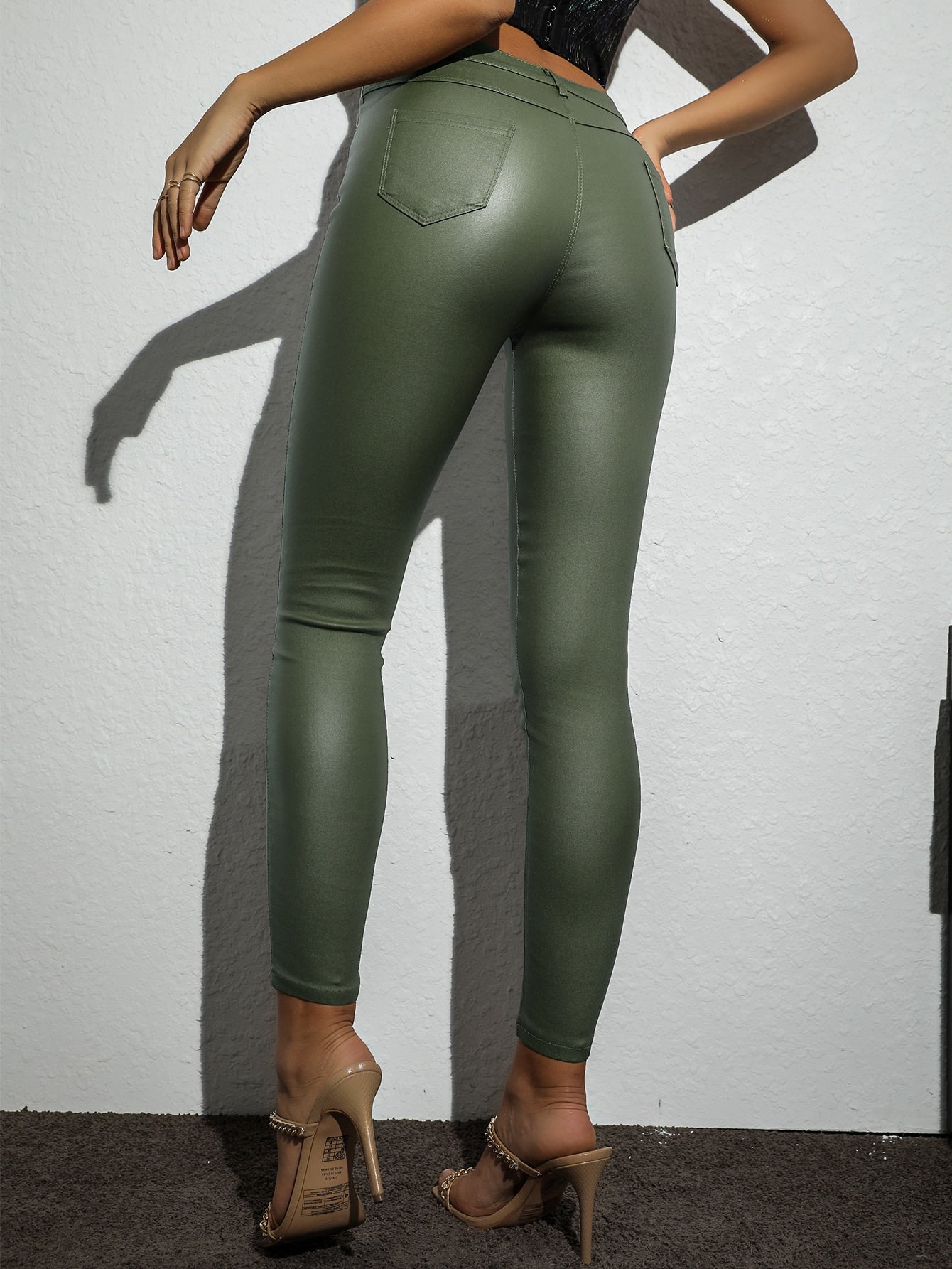 Apperloth Women Army Green PU Leather Skinny Pants Leggings