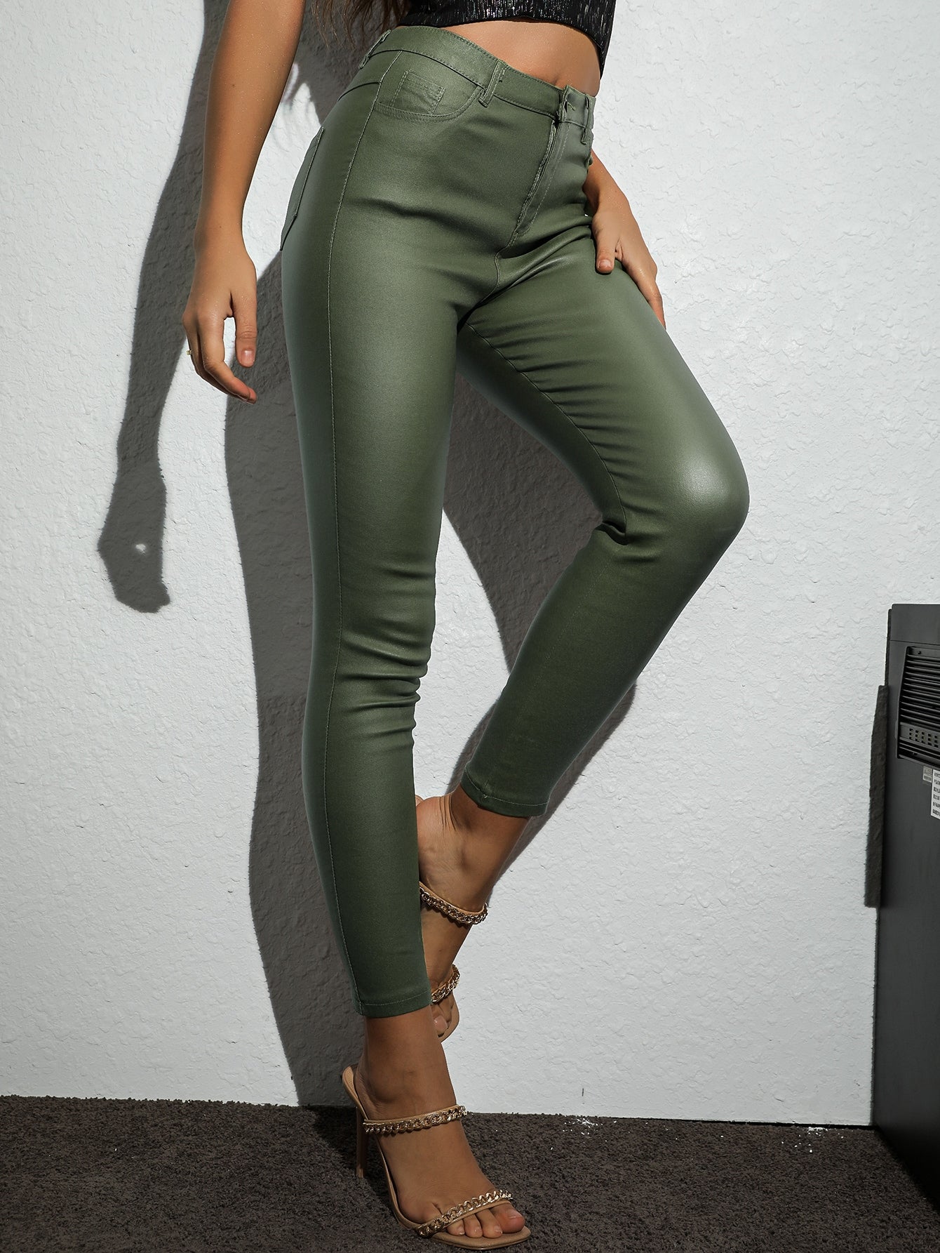 Apperloth Women Army Green PU Leather Skinny Pants Leggings