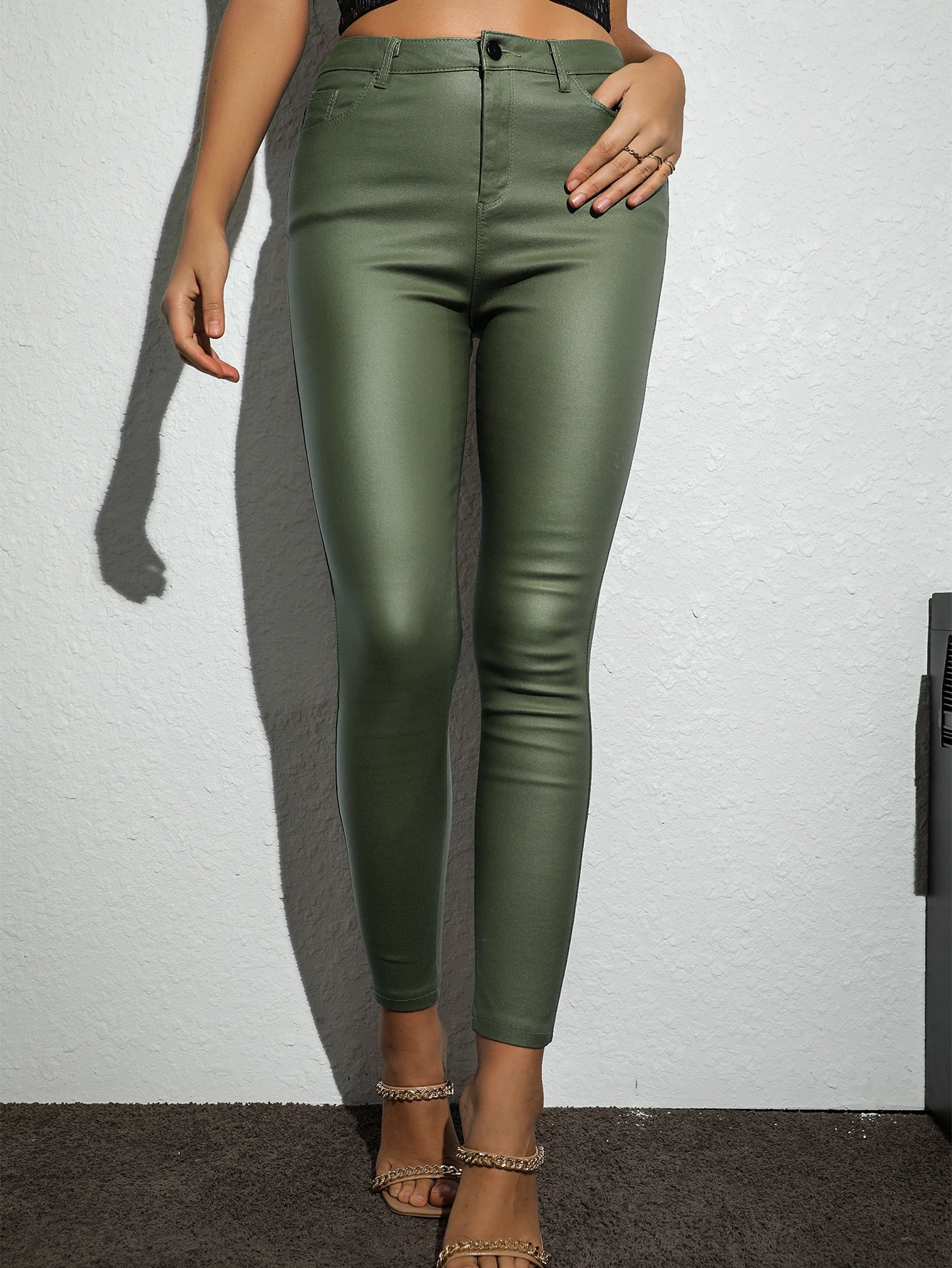 Apperloth Women Army Green PU Leather Skinny Pants Leggings