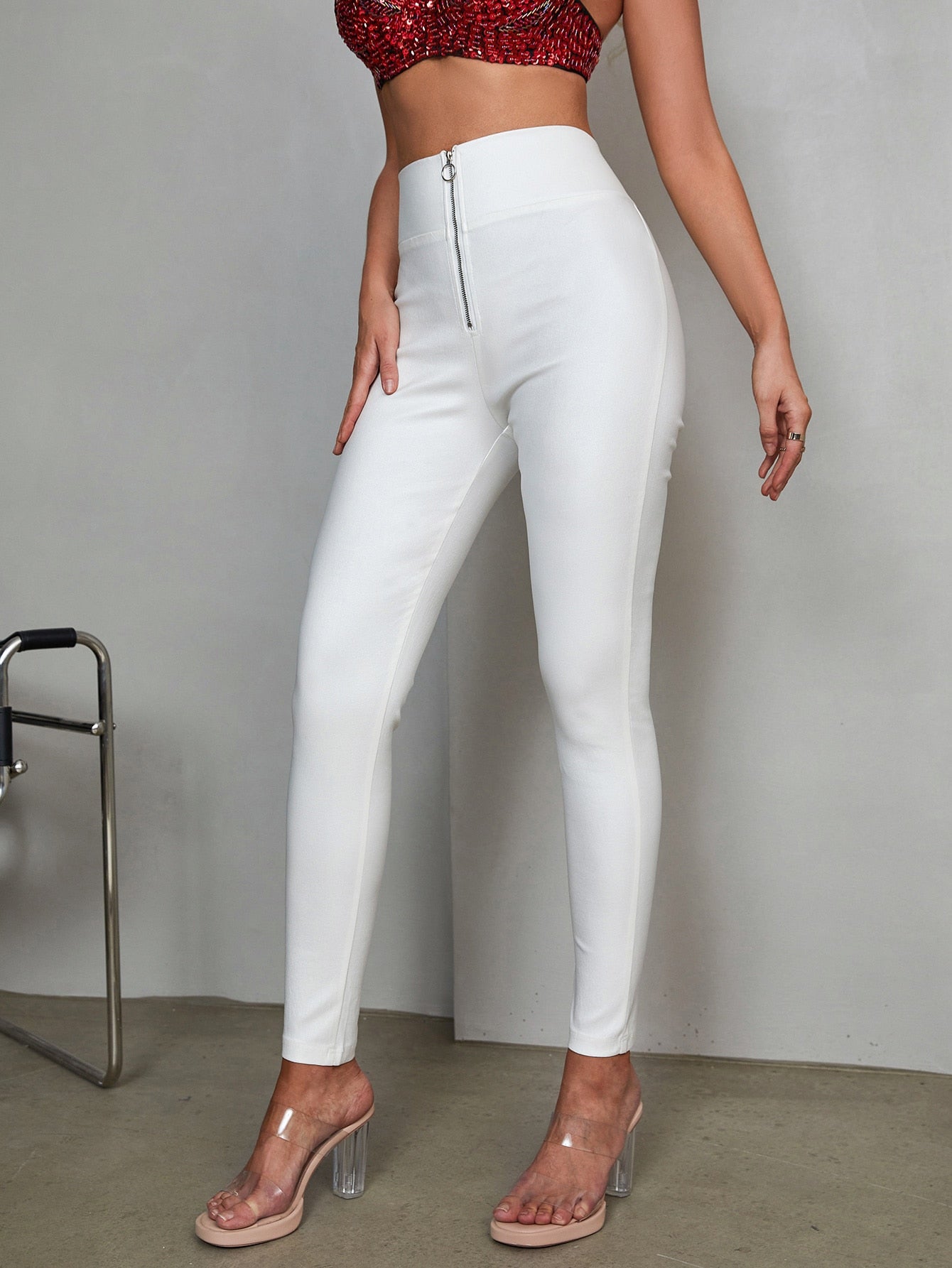 Apperloth Women White Zip PU Leather Leggings Pants