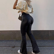 Apperloth Women Rivet Black PU Leather Bell Bottom Pants