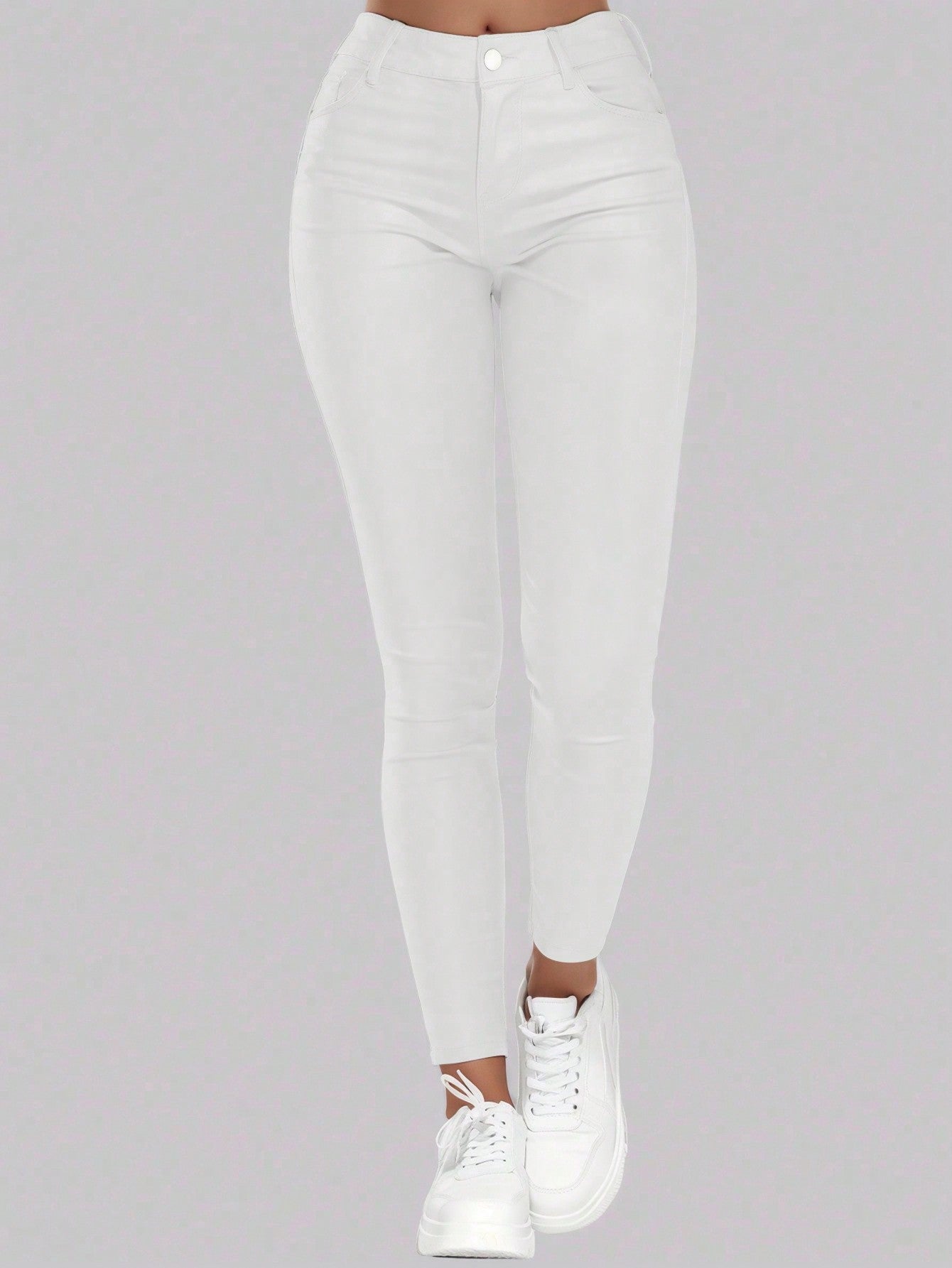 Apperloth Women White Faux Leather Skinny Pants Trousers