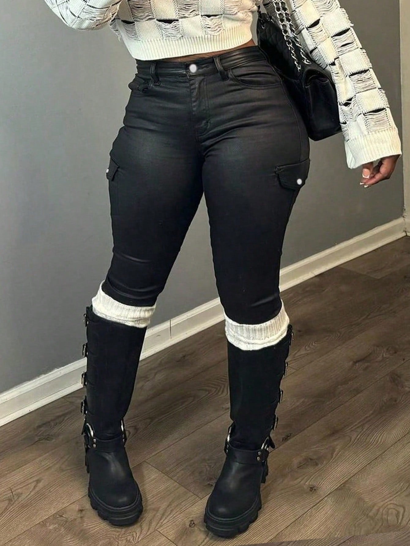 Apperloth Women Black PU Leather Leggings With Pocket